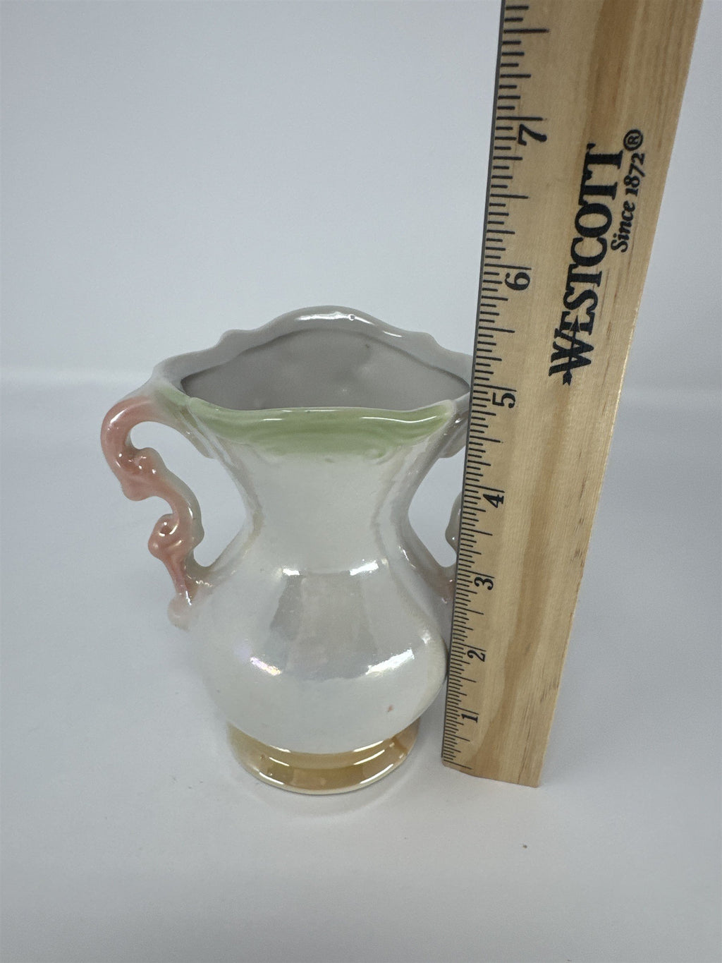 Vintage Brazil Majolica Style Lusterware Bud Vase Iridescent Floral Pink Hand