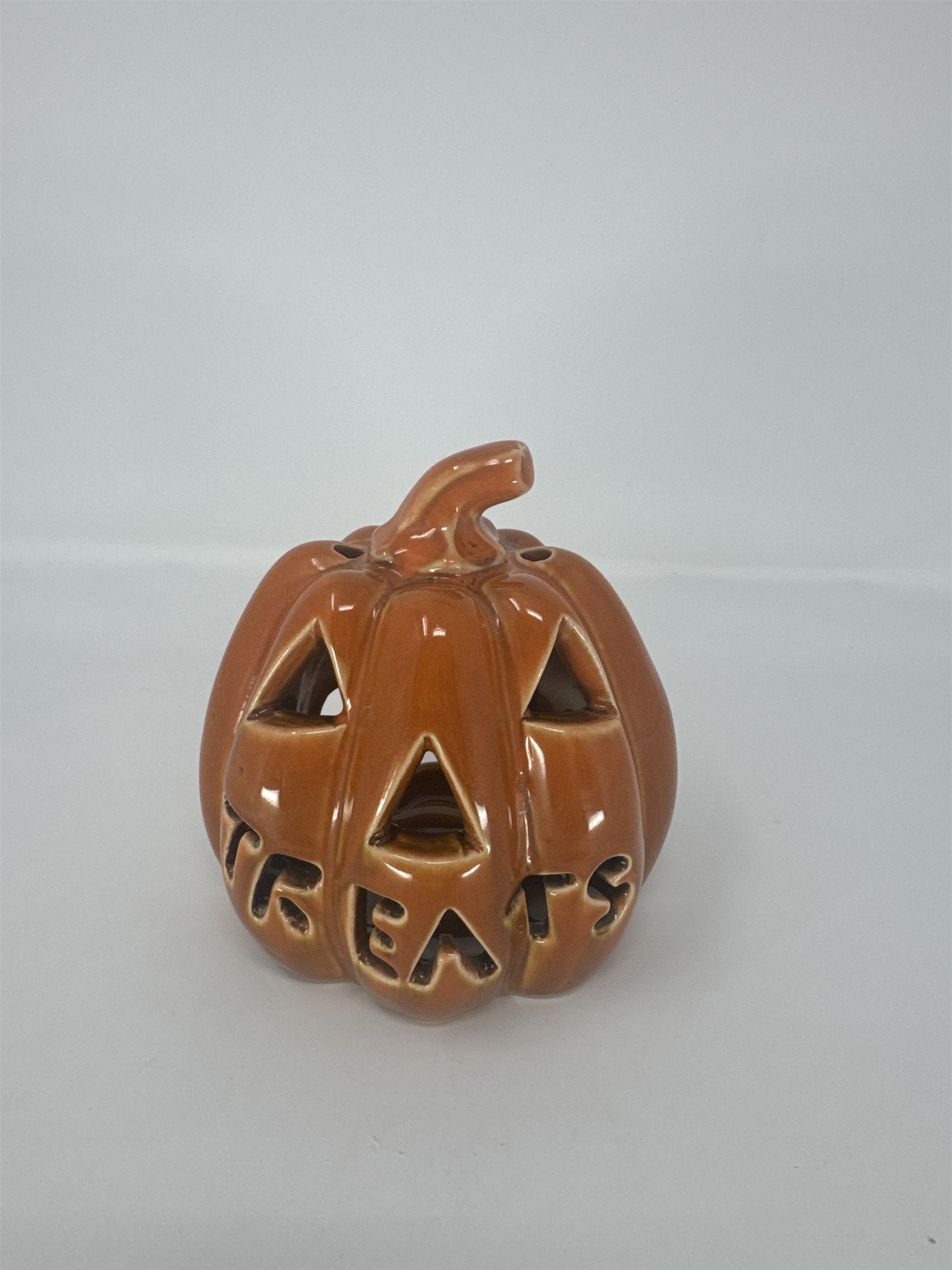 Vintage Ceramic Pumpkin Votive Candle Holder Jack O' Lantern Treats Orange Glaze