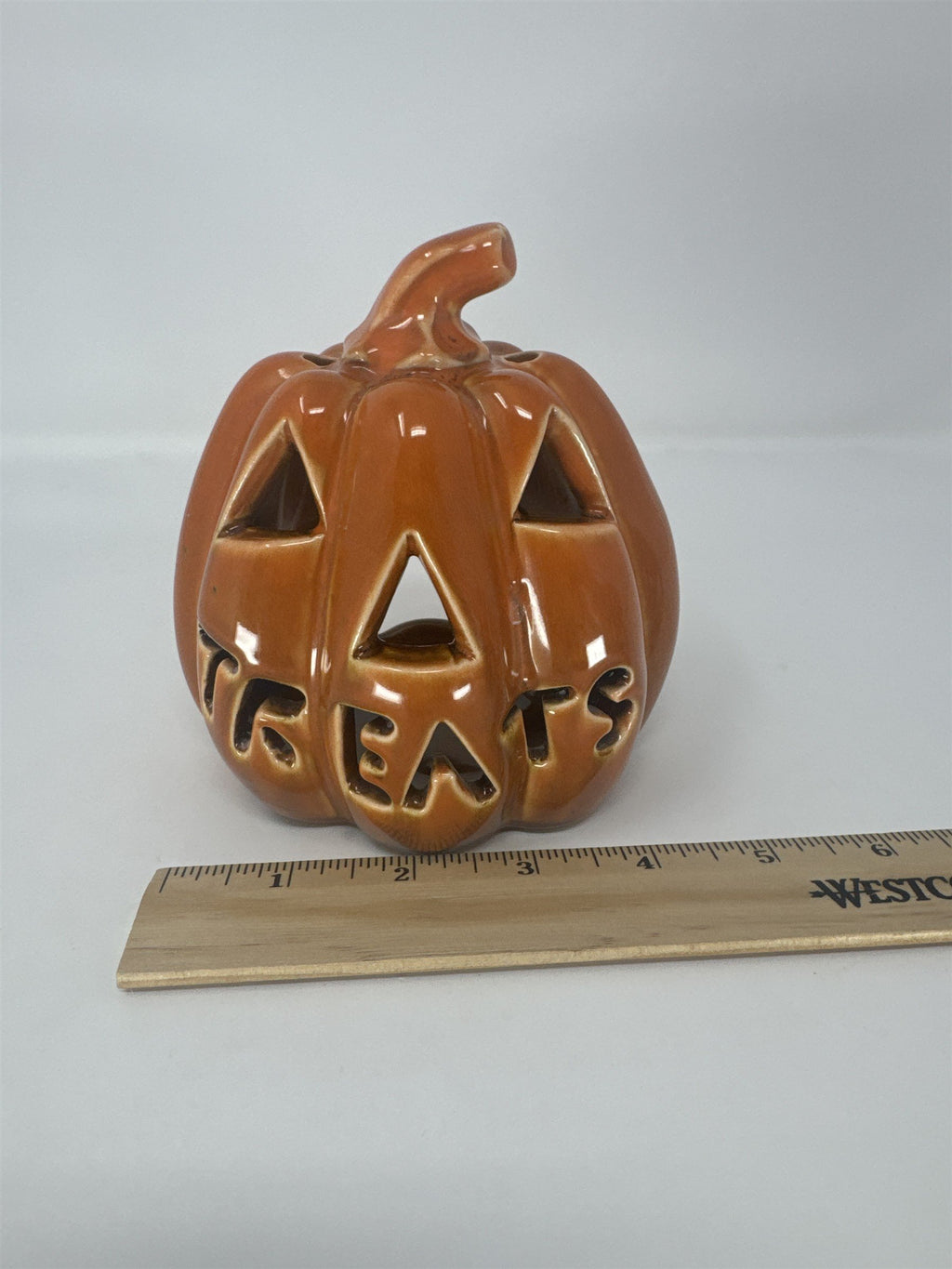 Vintage Ceramic Pumpkin Votive Candle Holder Jack O' Lantern Treats Orange Glaze