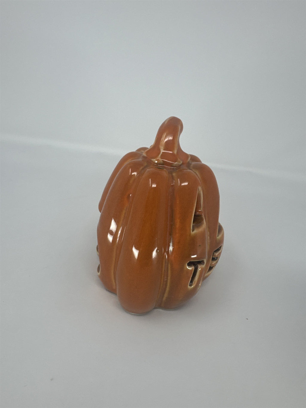 Vintage Ceramic Pumpkin Votive Candle Holder Jack O' Lantern Treats Orange Glaze