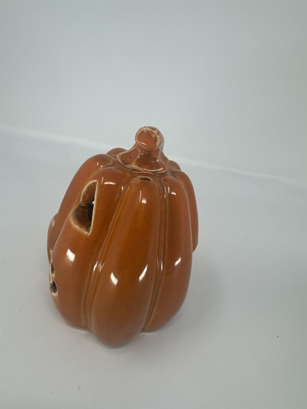 Vintage Ceramic Pumpkin Votive Candle Holder Jack O' Lantern Treats Orange Glaze