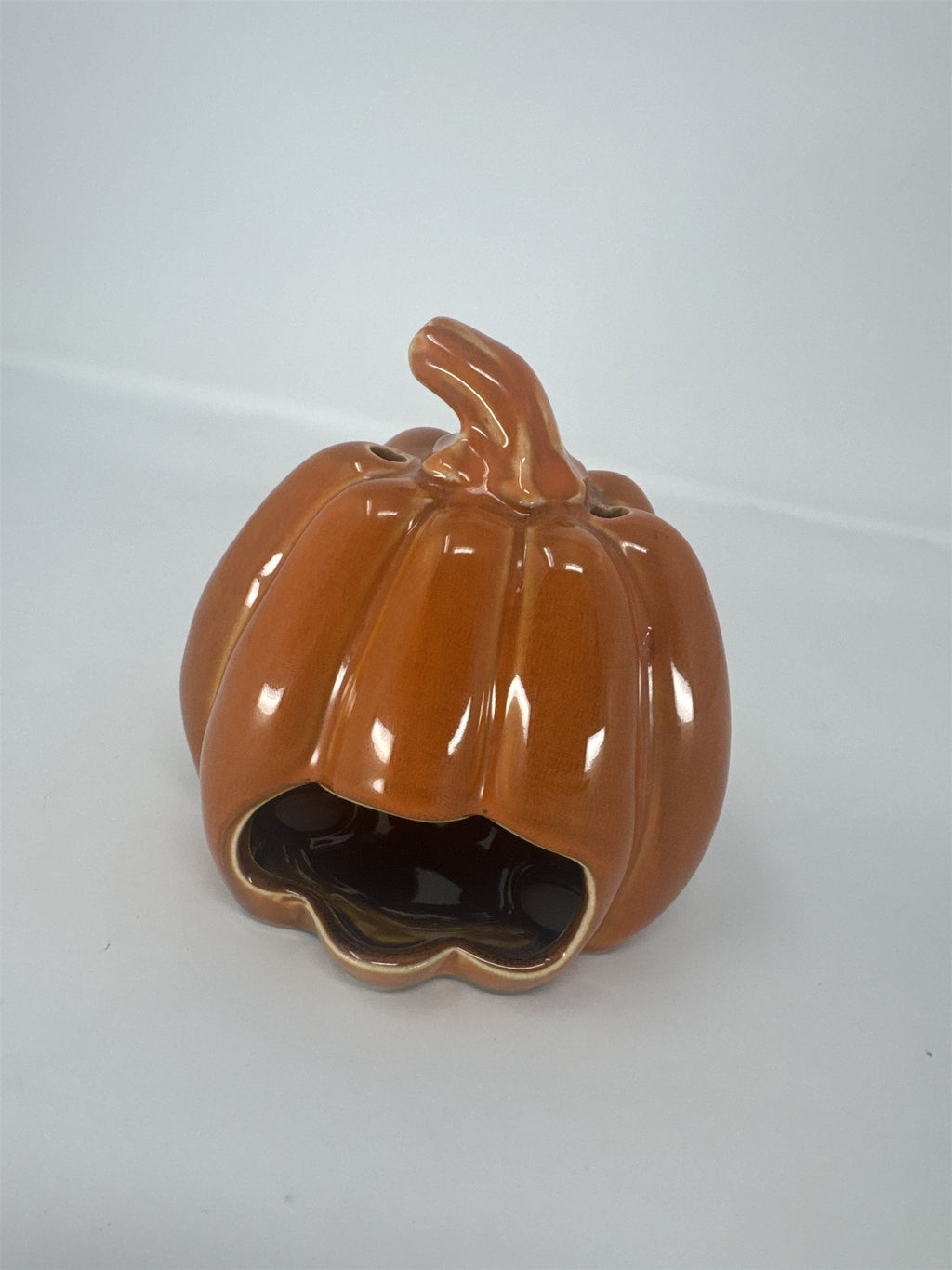 Vintage Ceramic Pumpkin Votive Candle Holder Jack O' Lantern Treats Orange Glaze