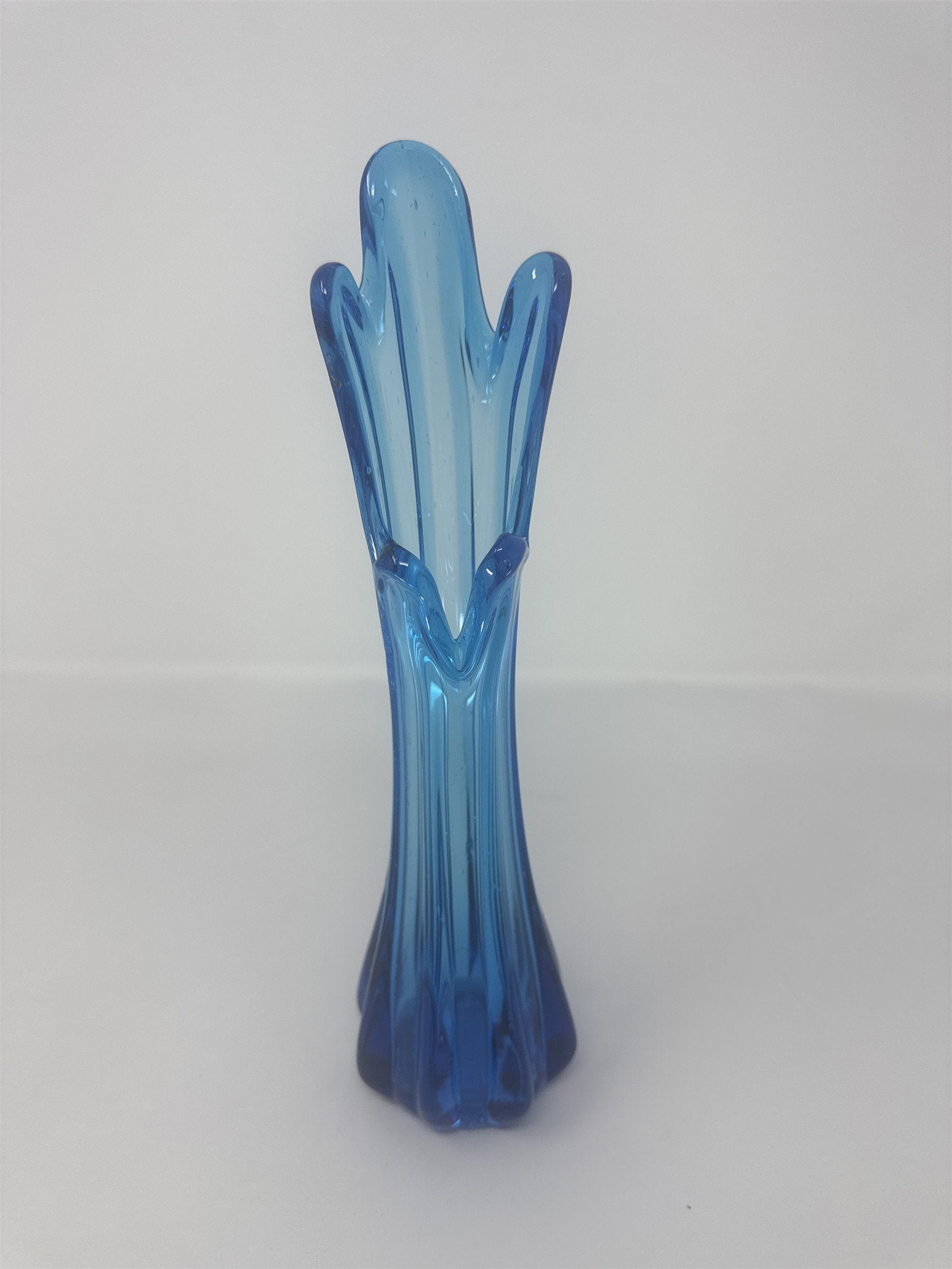 Vintage MCM Blue Swung Glass Vase 5 Finger Stretch Bud Vase Mid Century 10.5"
