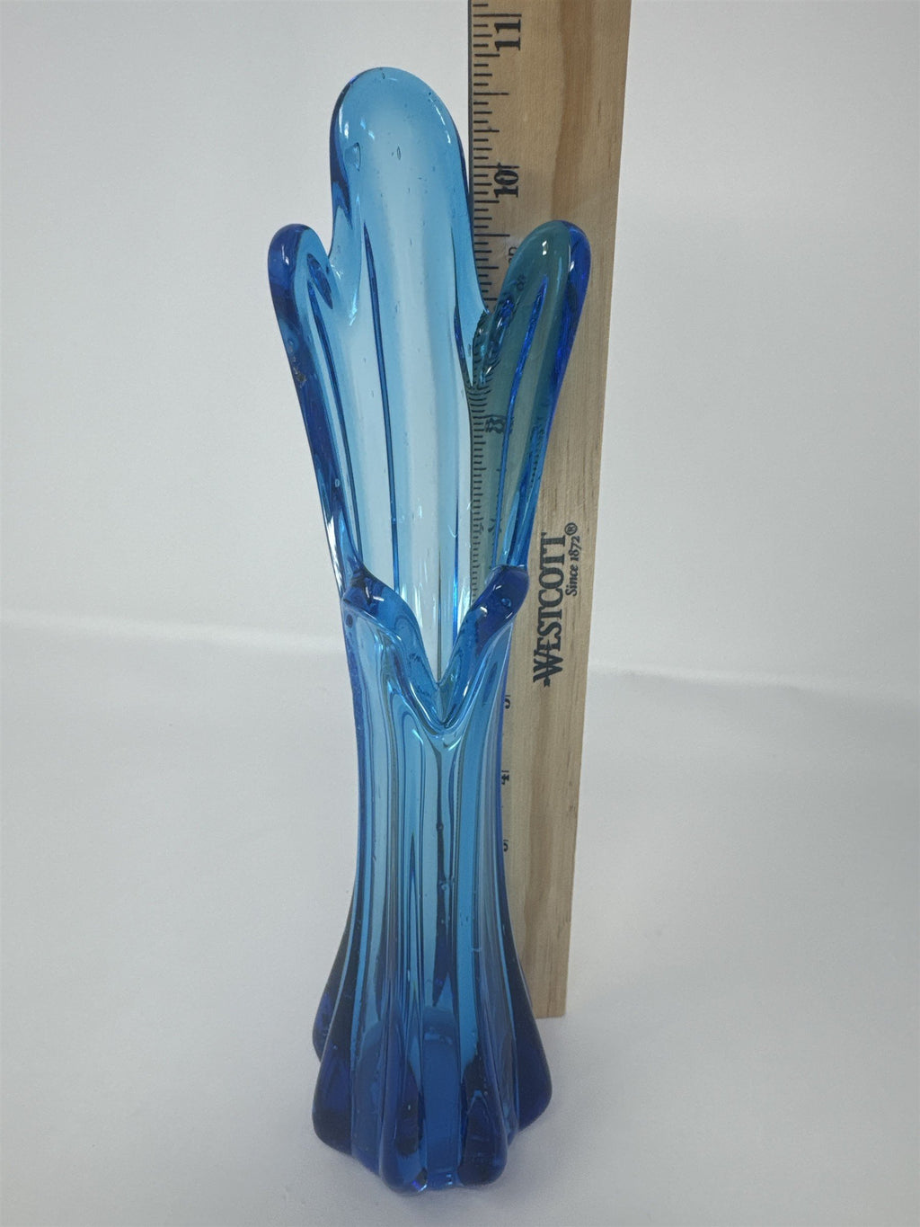 Vintage MCM Blue Swung Glass Vase 5 Finger Stretch Bud Vase Mid Century 10.5"