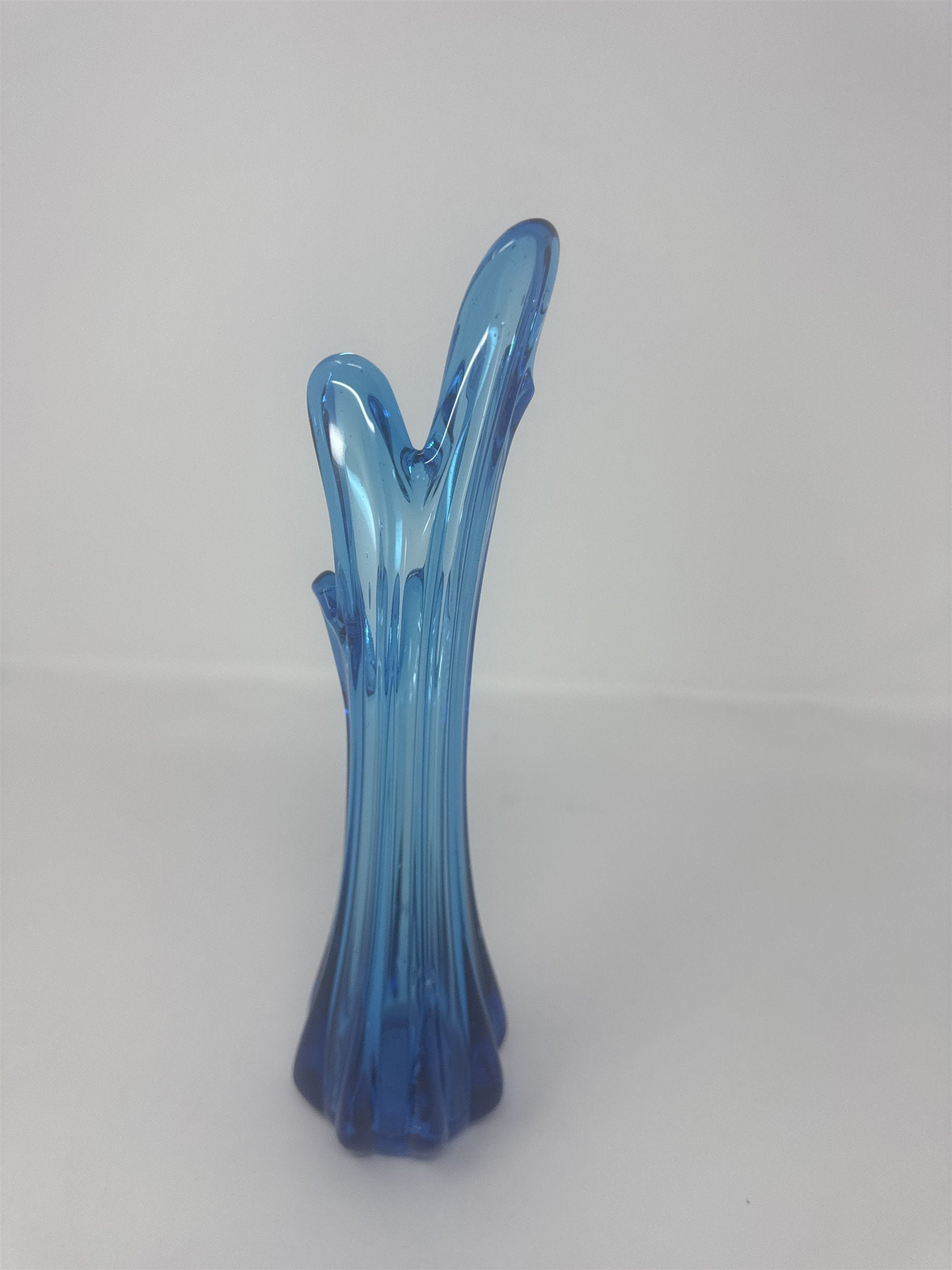 Vintage MCM Blue Swung Glass Vase 5 Finger Stretch Bud Vase Mid Century 10.5"