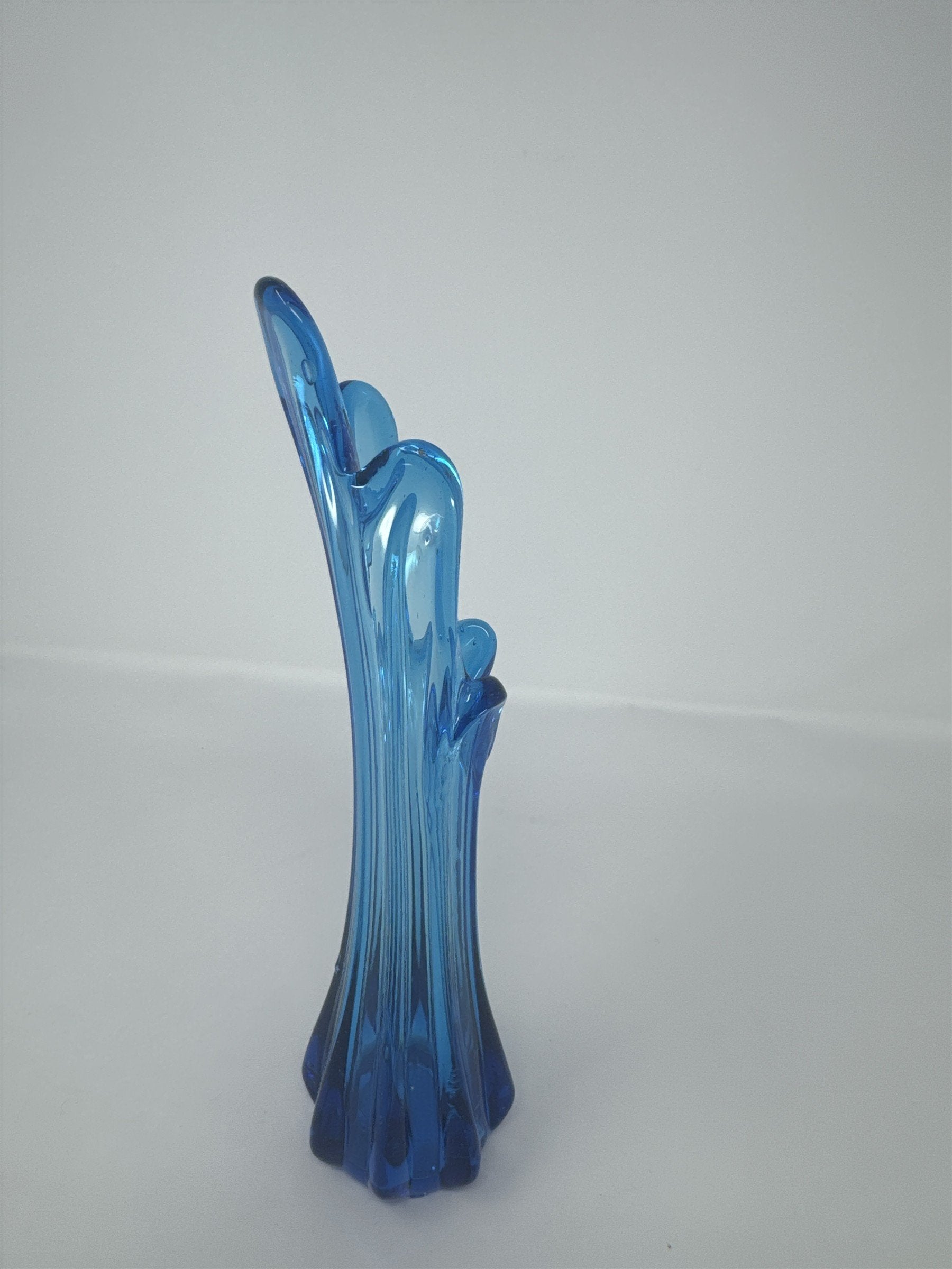 Vintage MCM Blue Swung Glass Vase 5 Finger Stretch Bud Vase Mid Century 10.5"