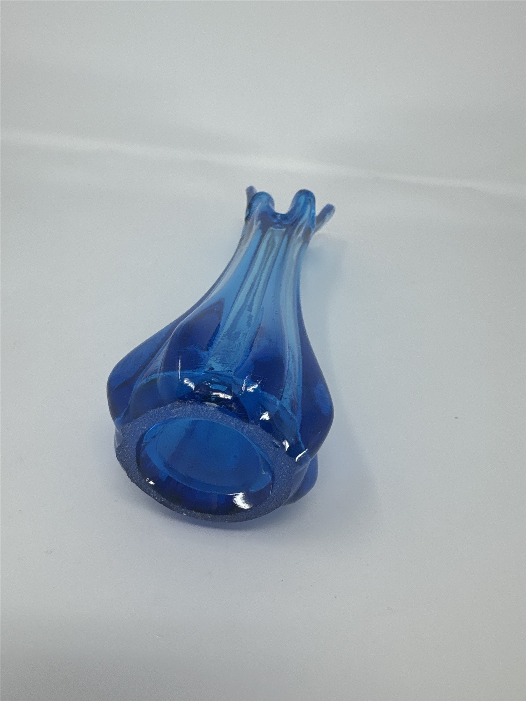 Vintage MCM Blue Swung Glass Vase 5 Finger Stretch Bud Vase Mid Century 10.5"