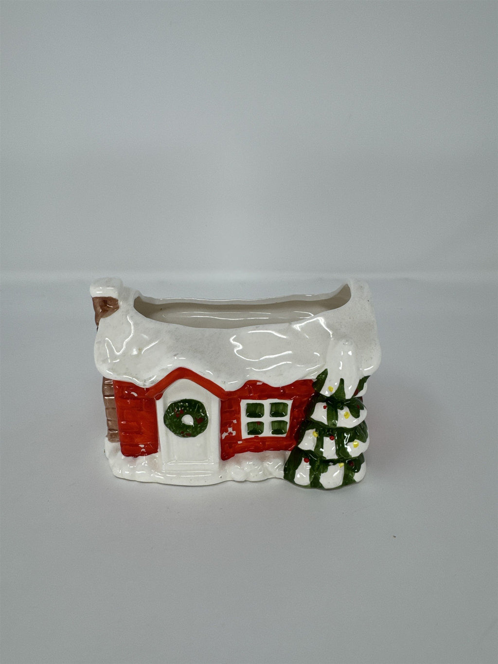 Vintage CMC Japan Christmas Cottage Planter Ceramic Red House Snow Tree MCM