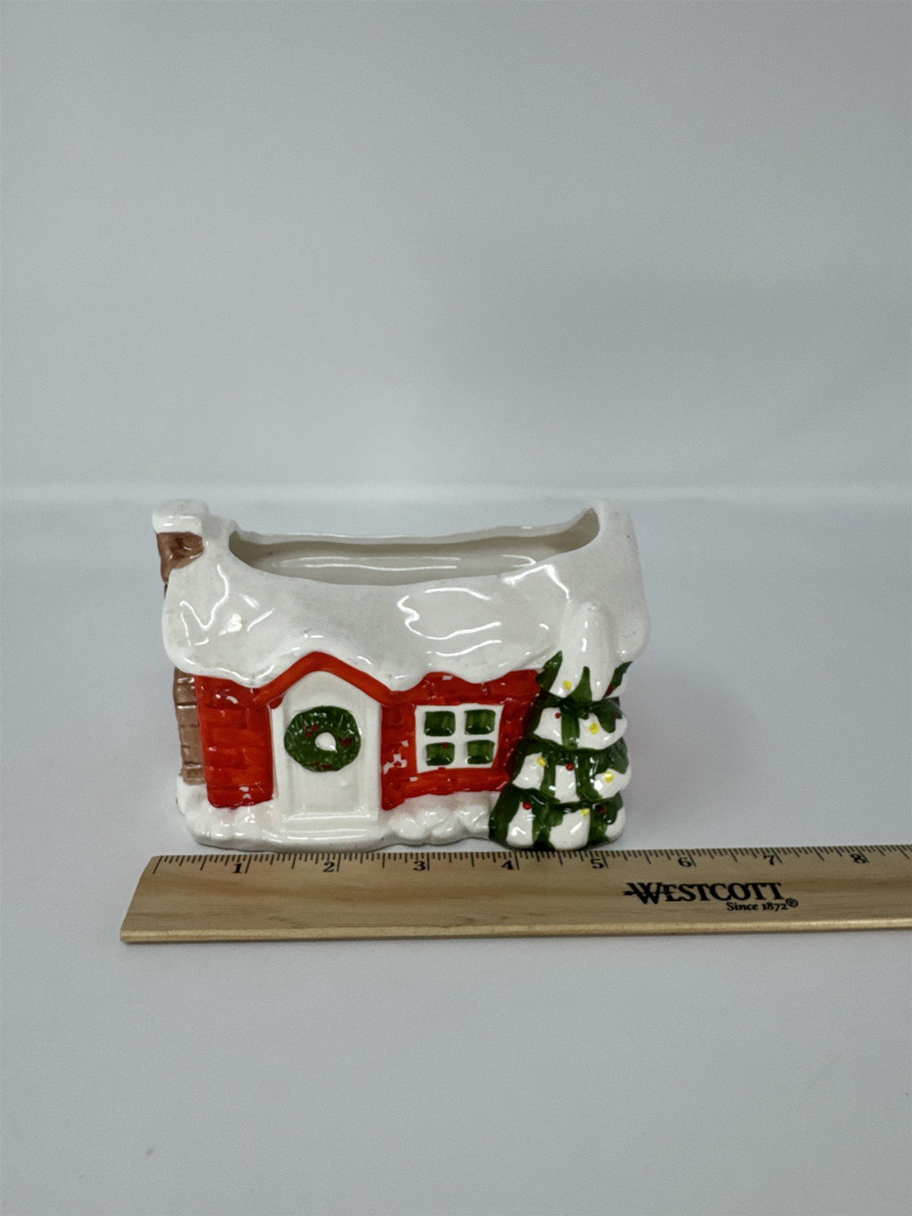 Vintage CMC Japan Christmas Cottage Planter Ceramic Red House Snow Tree MCM