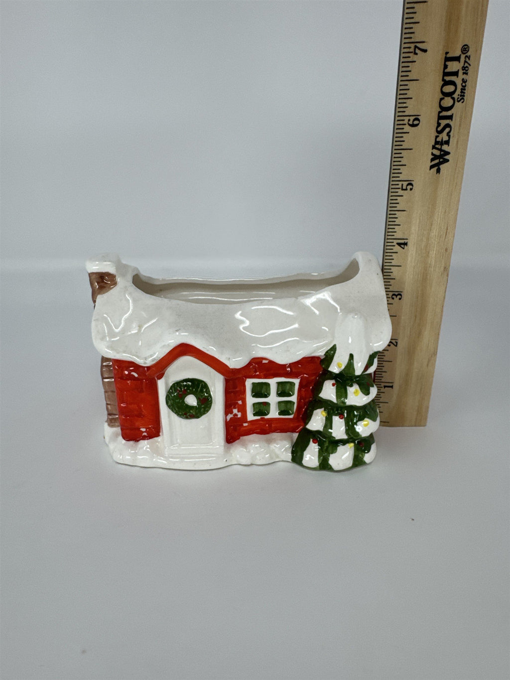 Vintage CMC Japan Christmas Cottage Planter Ceramic Red House Snow Tree MCM