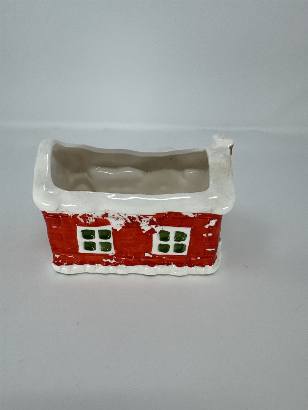 Vintage CMC Japan Christmas Cottage Planter Ceramic Red House Snow Tree MCM