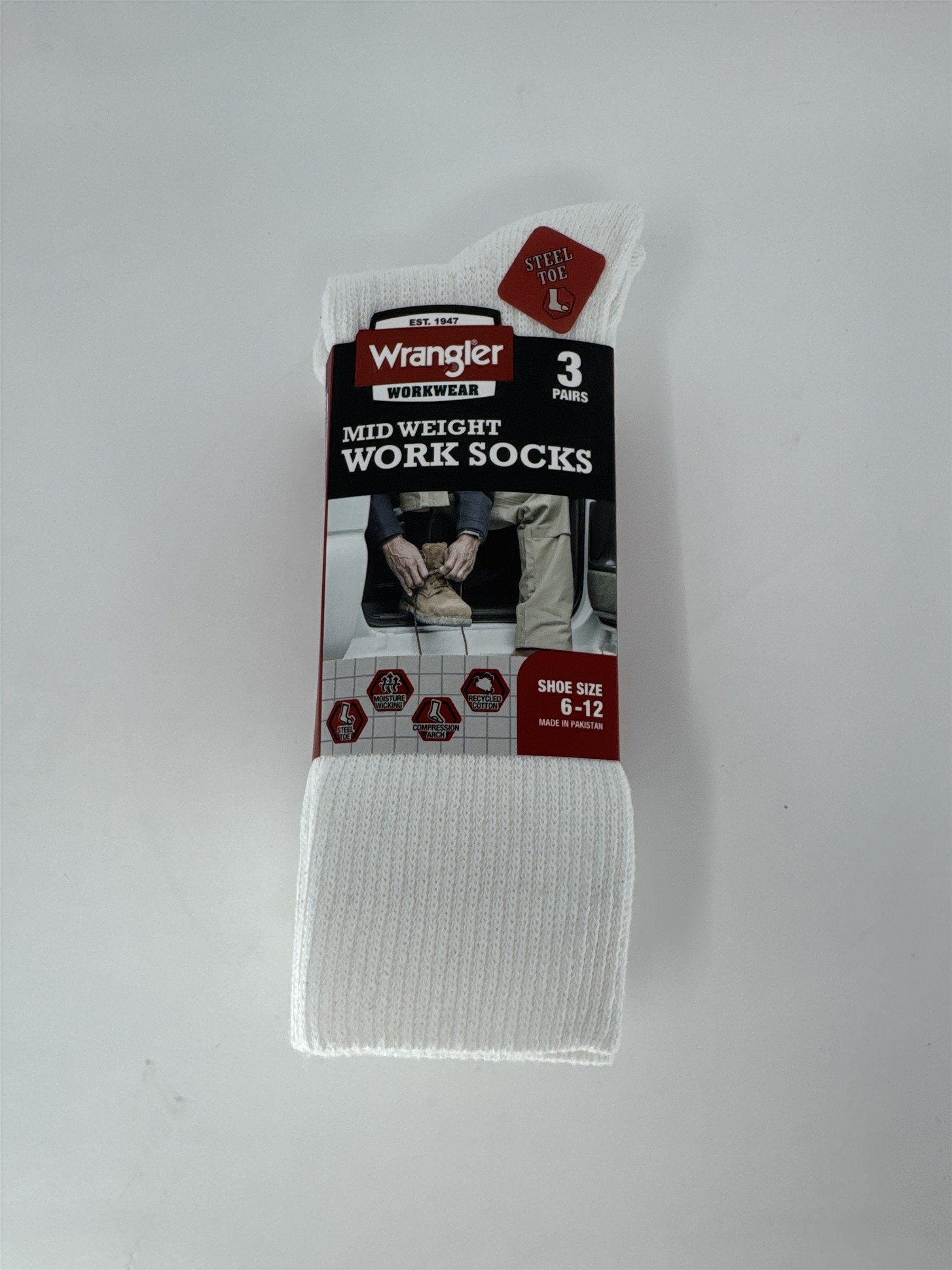 Wrangler Mens Work Socks 3 Pair Steel Toe Mid Weight Moisture Wicking White 6-12