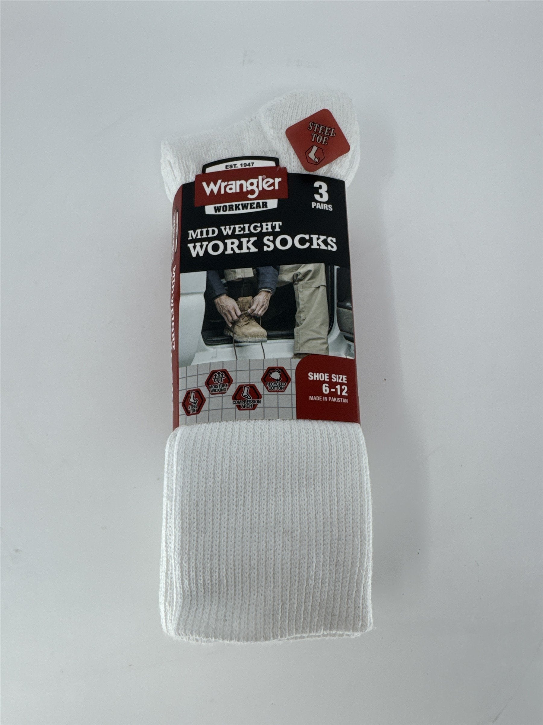 3 Pair Wrangler Mens Work Socks Steel Toe Mid Weight Moisture Wicking White 6-12
