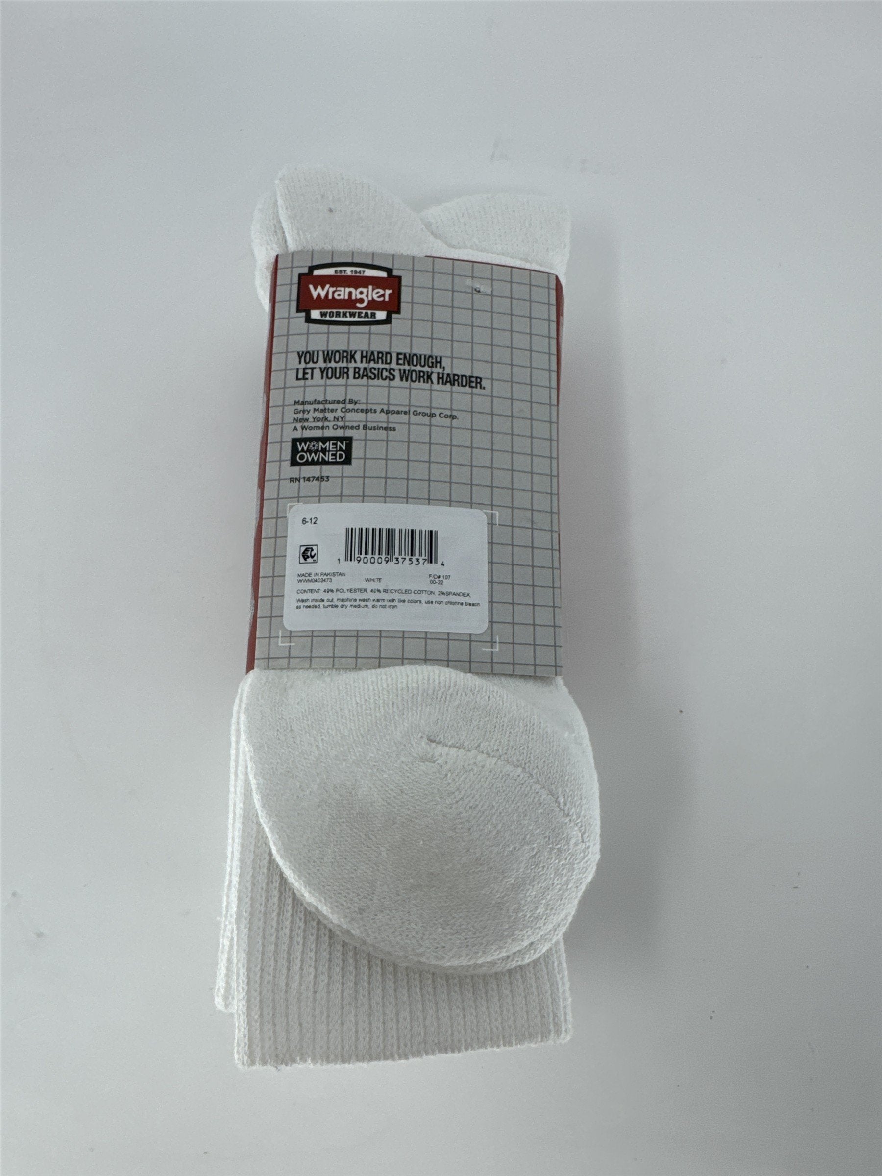 3 Pair Wrangler Mens Work Socks Steel Toe Mid Weight Moisture Wicking White 6-12