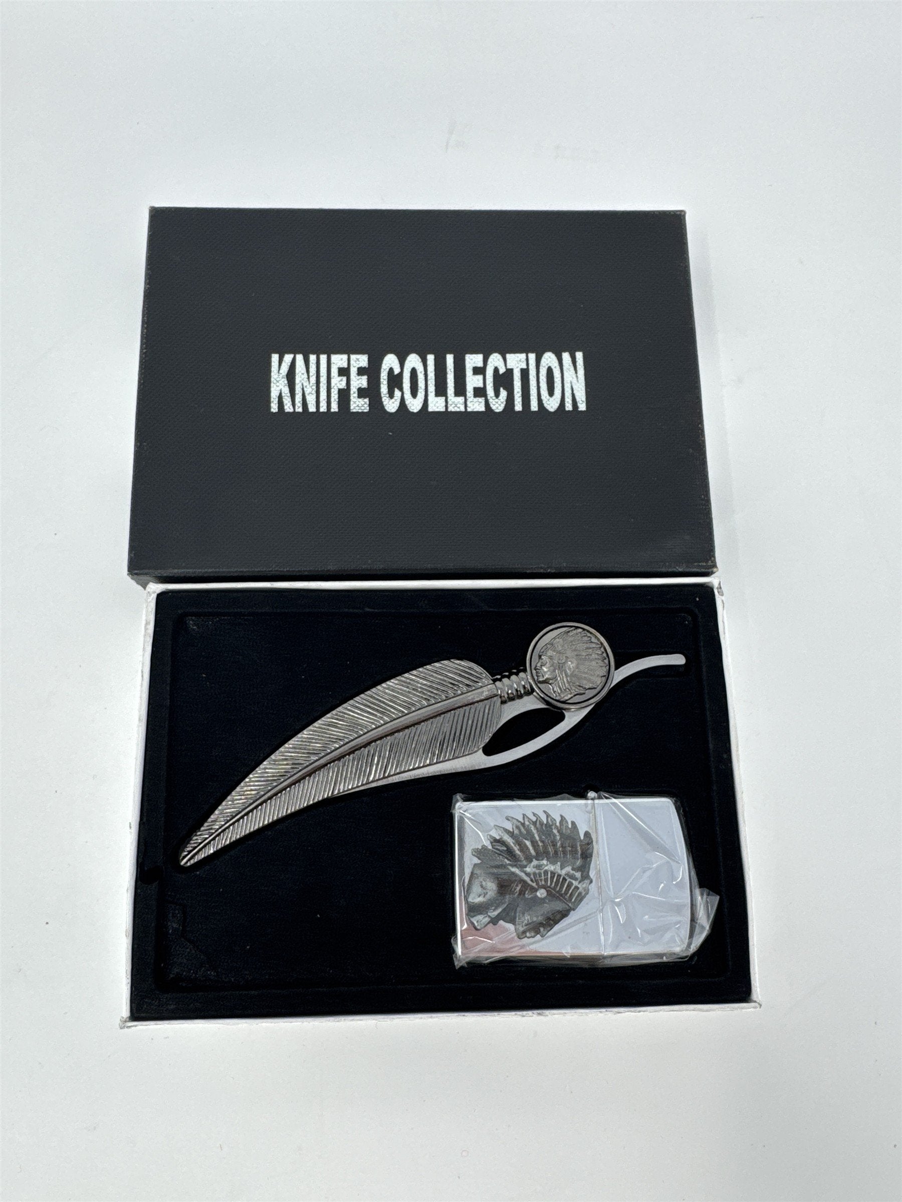 Native American Style Folding Feather Knife & Lighter Set Chief Headdress NIB
