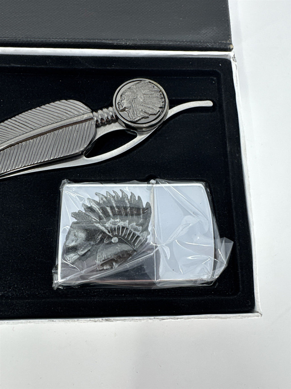 Native American Style Folding Feather Knife & Lighter Set Chief Headdress NIB