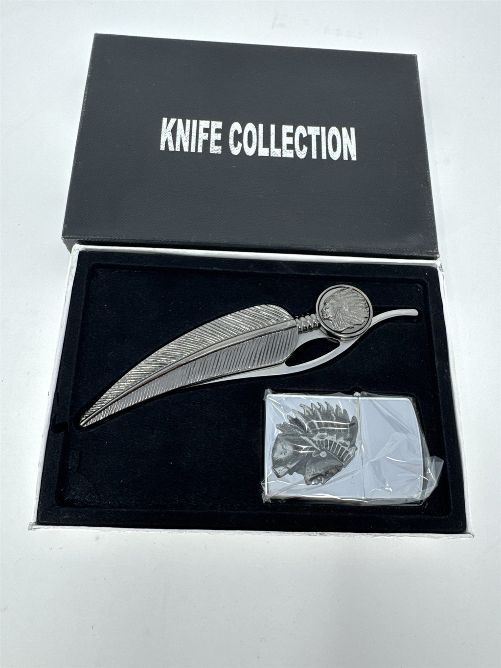 Native American Style Folding Feather Knife & Lighter Set Chief Headdress NIB