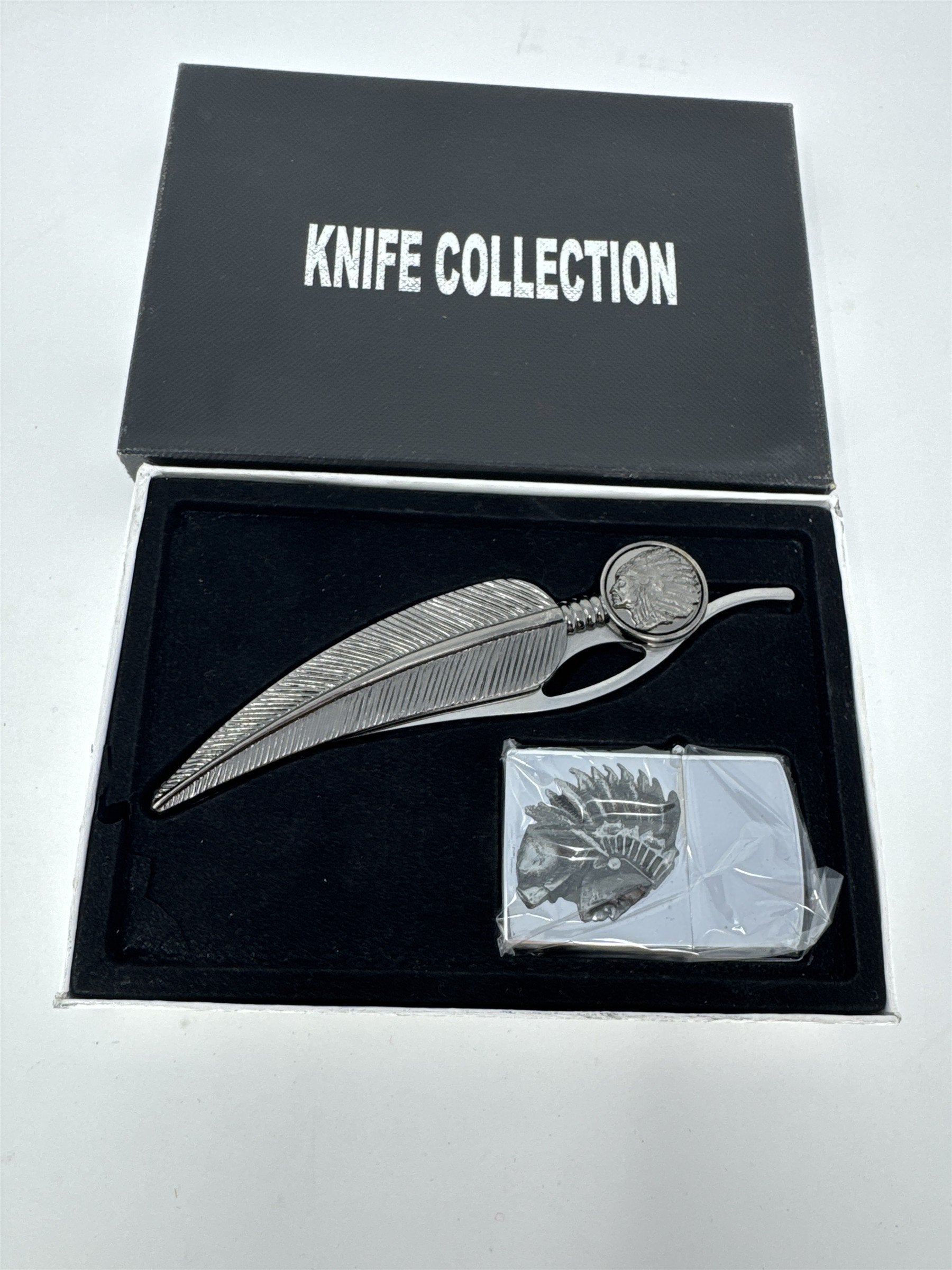 Native American Style Folding Feather Knife & Lighter Set Chief Headdress NIB