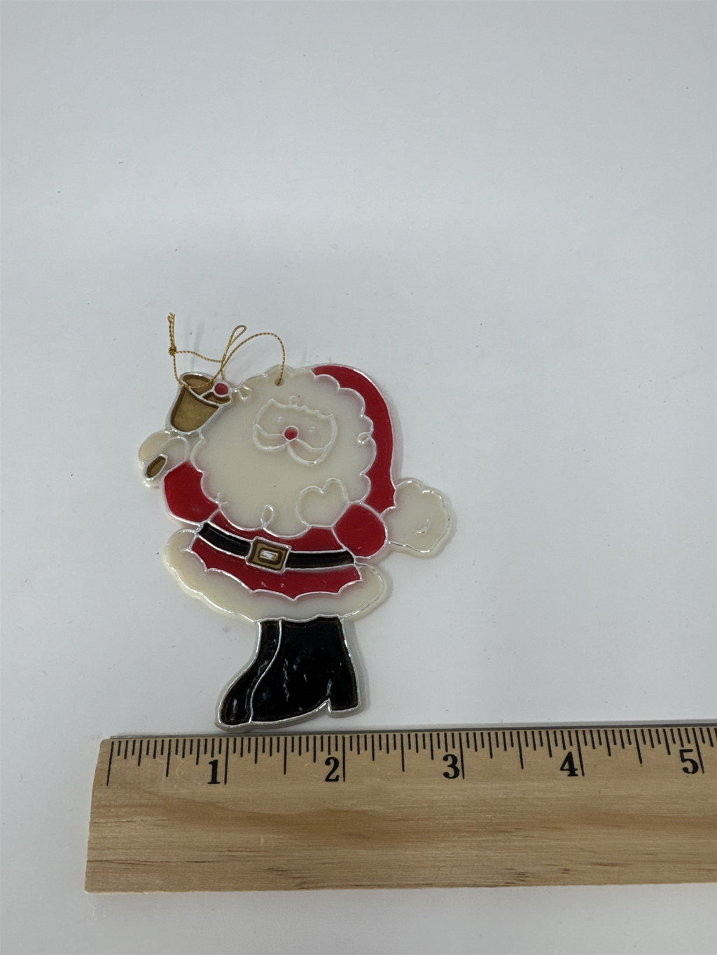 Vintage Santa Ringing Bell Ornament Sun Catcher Plastic Stained Glass Style 3.5"