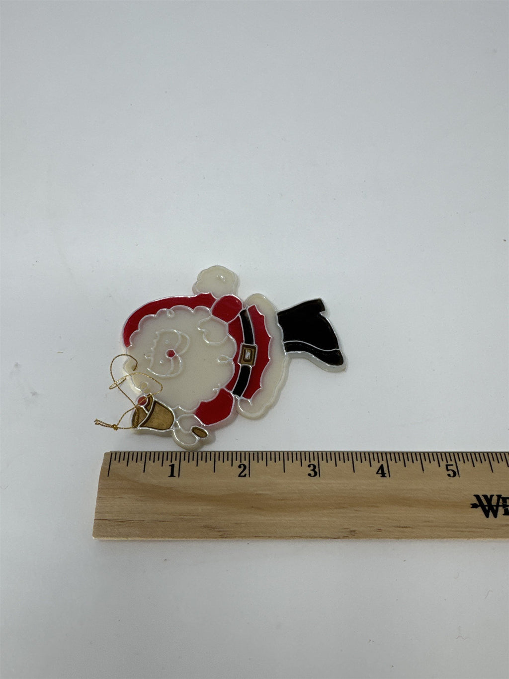Vintage Santa Ringing Bell Ornament Sun Catcher Plastic Stained Glass Style 3.5"