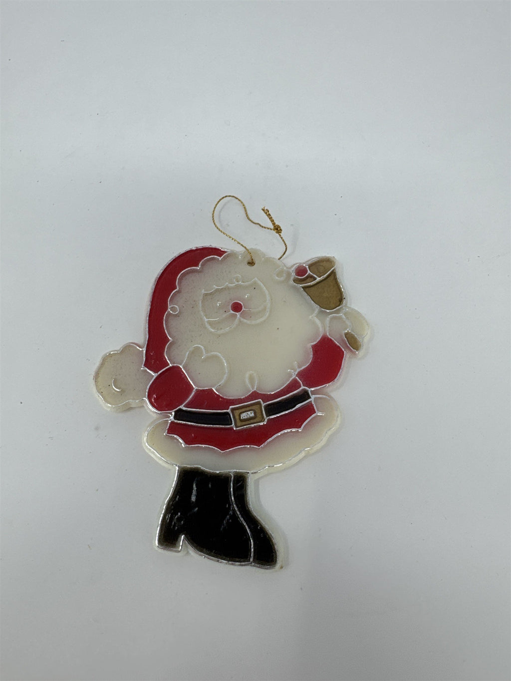 Vintage Santa Ringing Bell Ornament Sun Catcher Plastic Stained Glass Style 3.5"