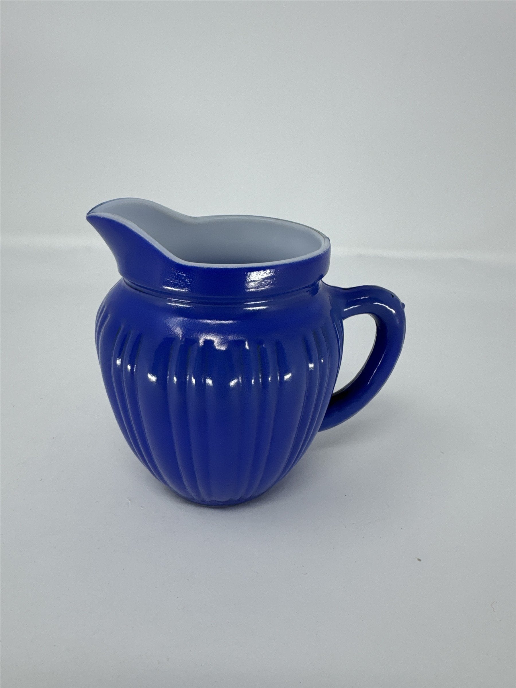 Vintage Blue Milk Glass Pitcher Ribbed Picket Fence Creamer 3.5"
