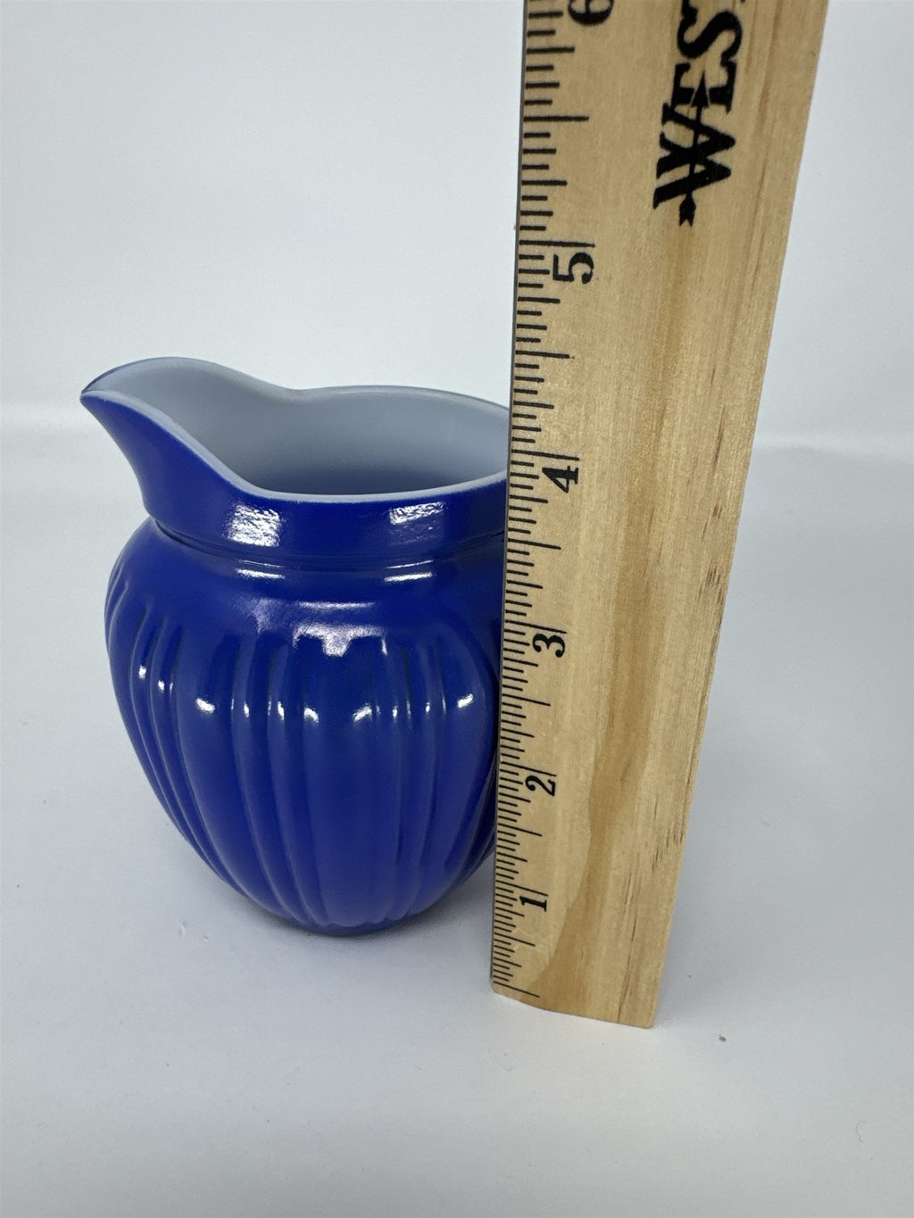 Vintage Blue Milk Glass Pitcher Ribbed Picket Fence Creamer 3.5"