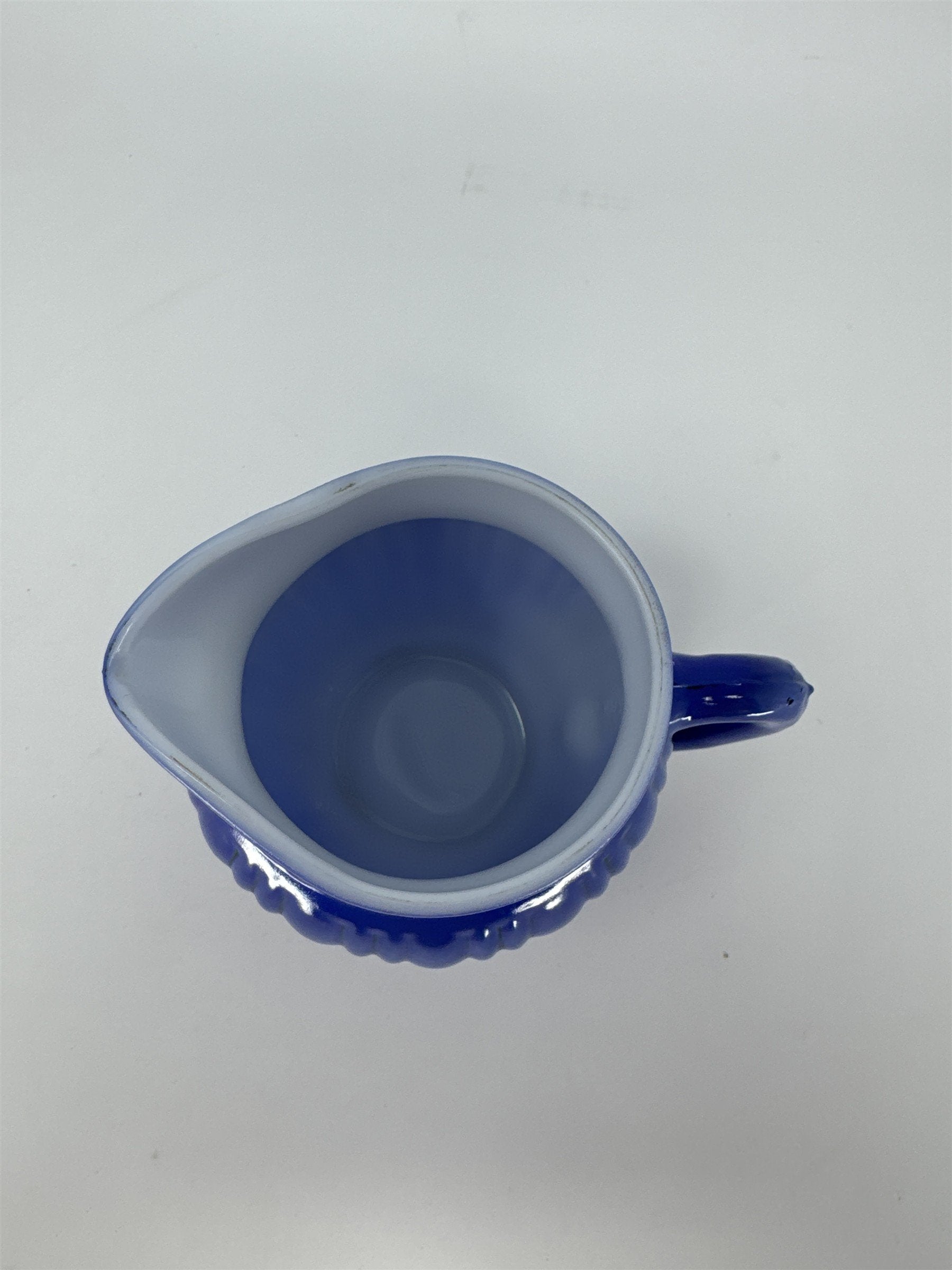 Vintage Blue Milk Glass Pitcher Ribbed Picket Fence Creamer 3.5"