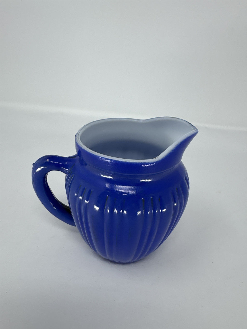Vintage Blue Milk Glass Pitcher Ribbed Picket Fence Creamer 3.5"