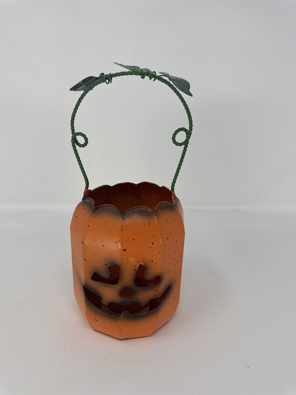 Vintage MCM Halloween Jack O' Lantern Metal Candle Holder Pumpkin Votive Orange