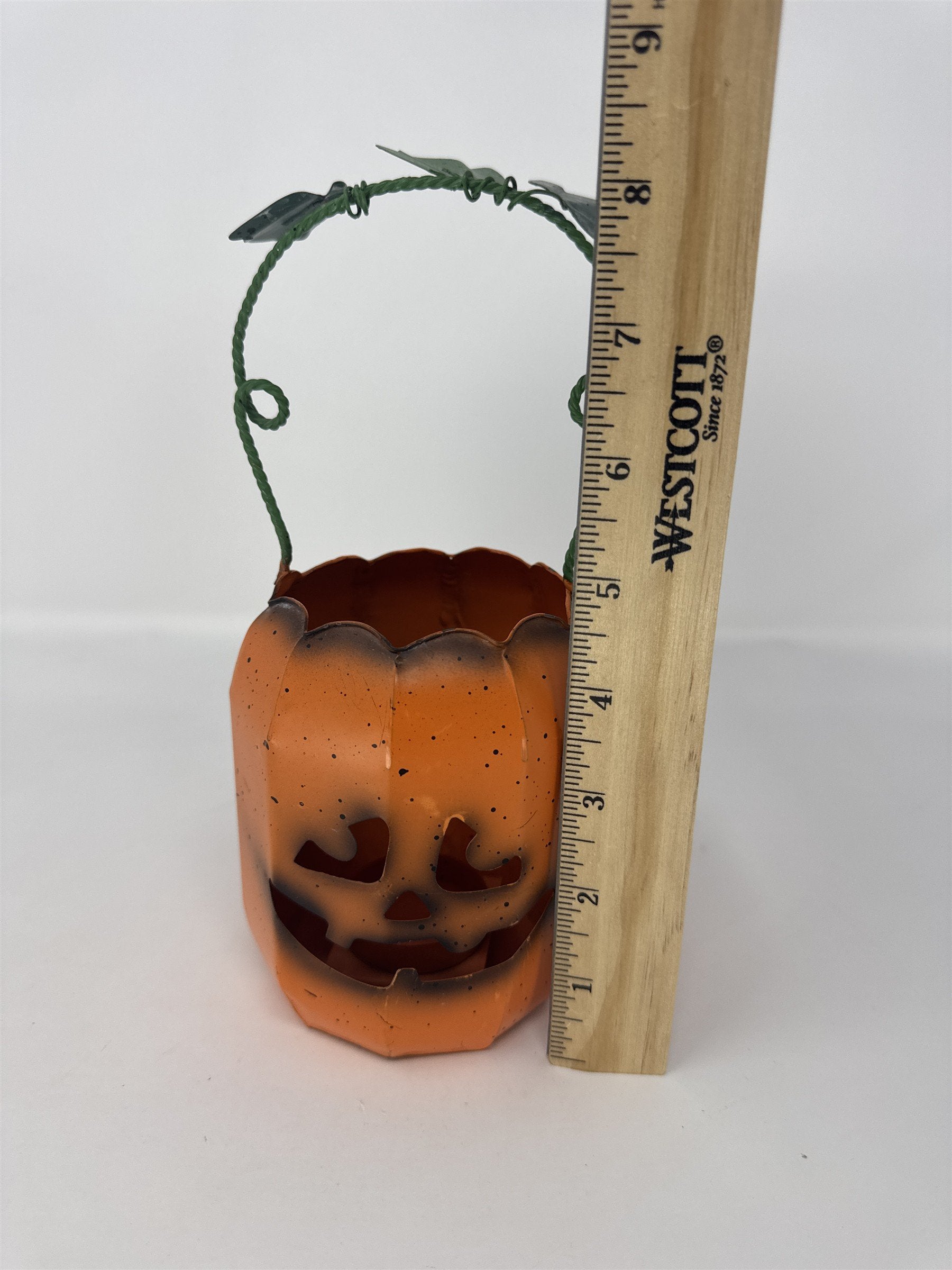 Vintage MCM Halloween Jack O' Lantern Metal Candle Holder Pumpkin Votive Orange