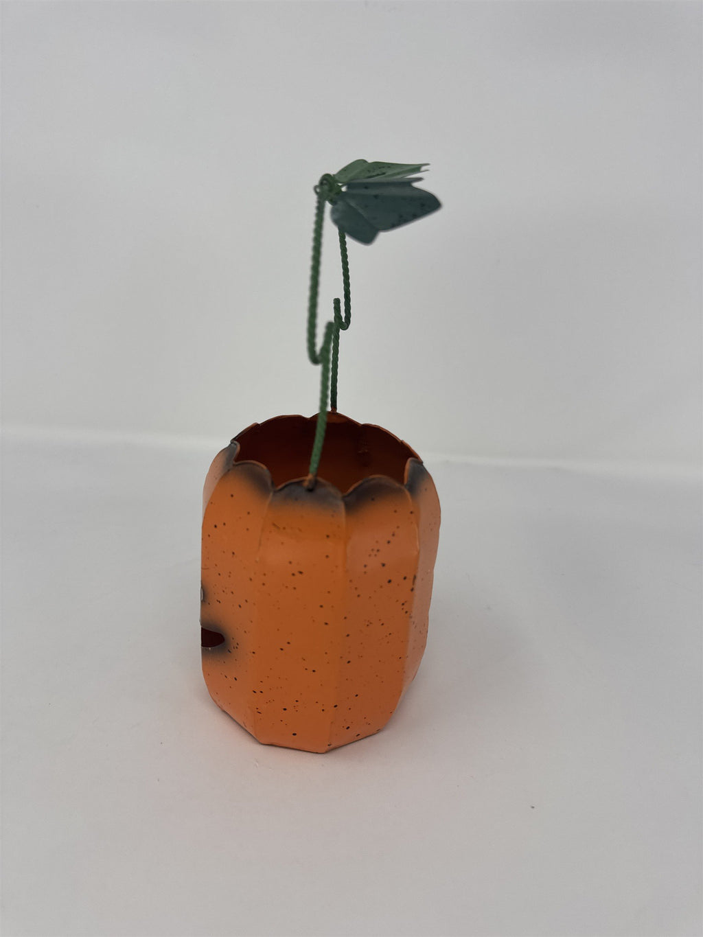 Vintage MCM Halloween Jack O' Lantern Metal Candle Holder Pumpkin Votive Orange