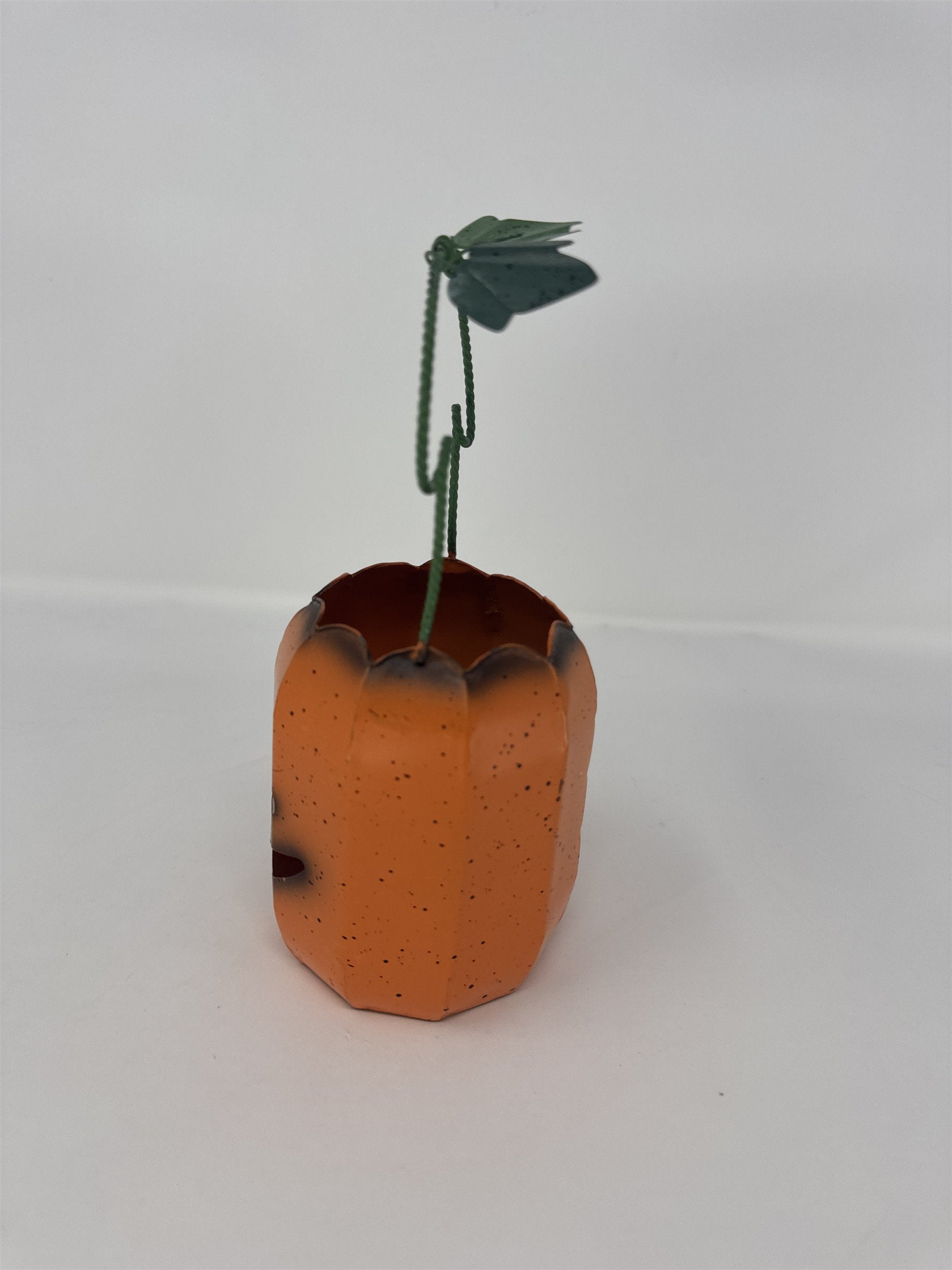 Vintage MCM Halloween Jack O' Lantern Metal Candle Holder Pumpkin Votive Orange