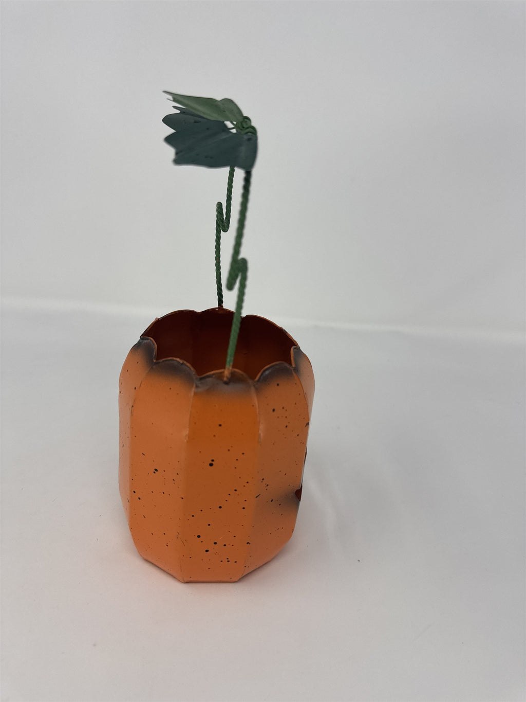 Vintage MCM Halloween Jack O' Lantern Metal Candle Holder Pumpkin Votive Orange
