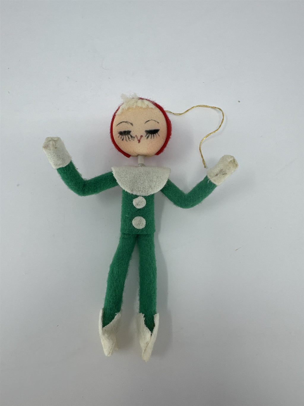 Vintage Christmas Pixie Elf Ornament Green Felt Poseable Mid Century Kitsch
