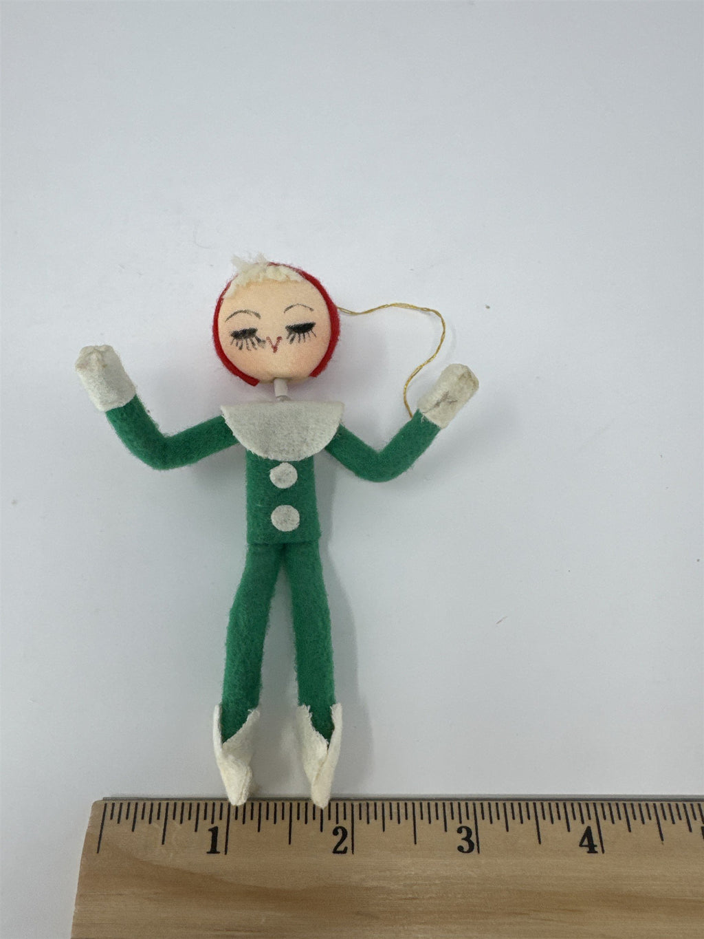 Vintage Christmas Pixie Elf Ornament Green Felt Poseable Mid Century Kitsch