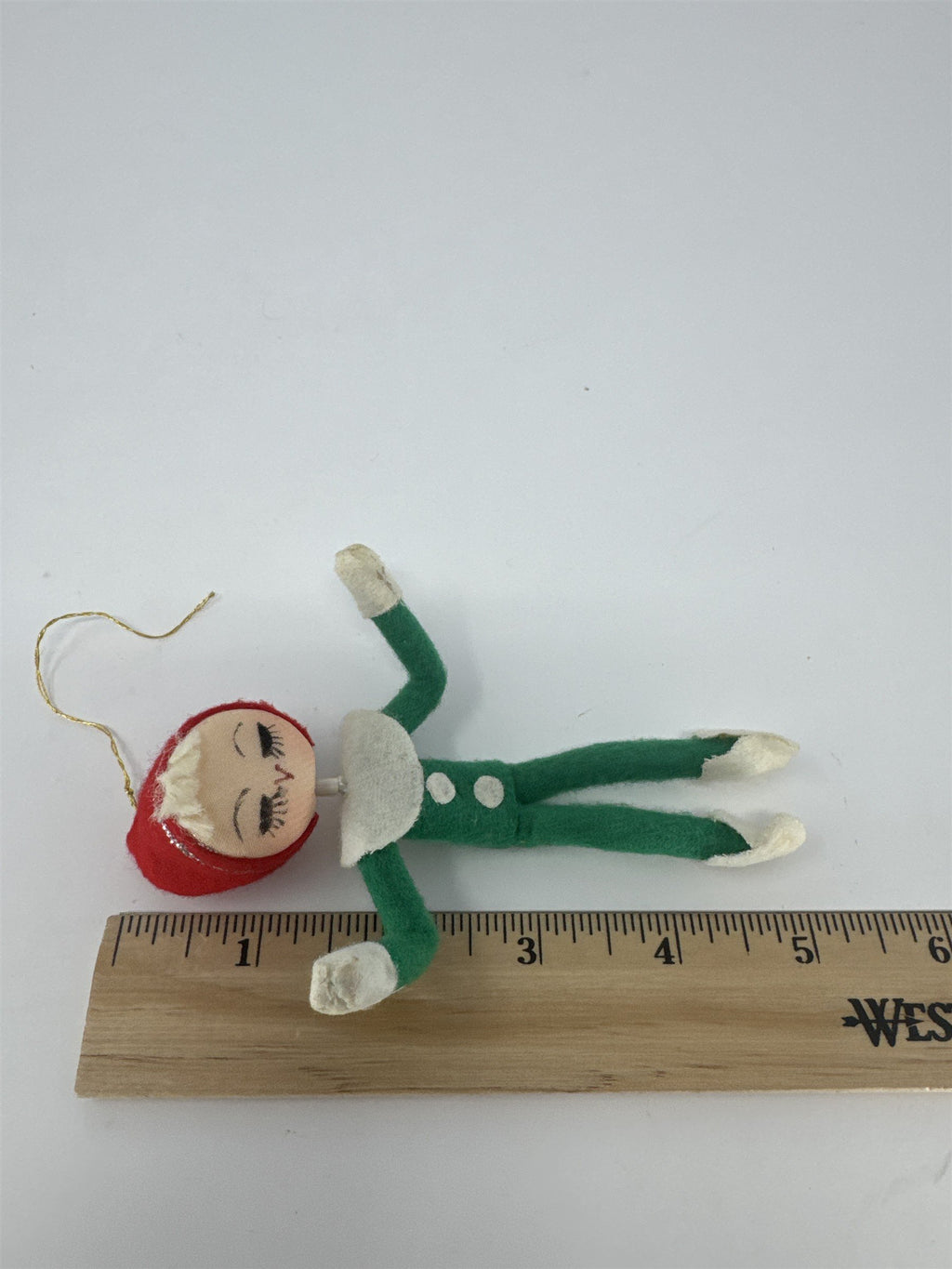 Vintage Christmas Pixie Elf Ornament Green Felt Poseable Mid Century Kitsch