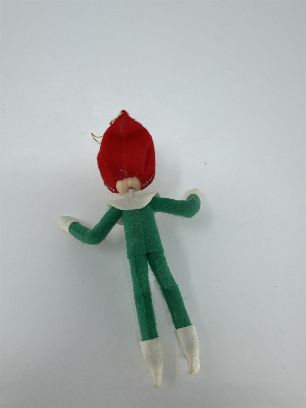 Vintage Christmas Pixie Elf Ornament Green Felt Poseable Mid Century Kitsch