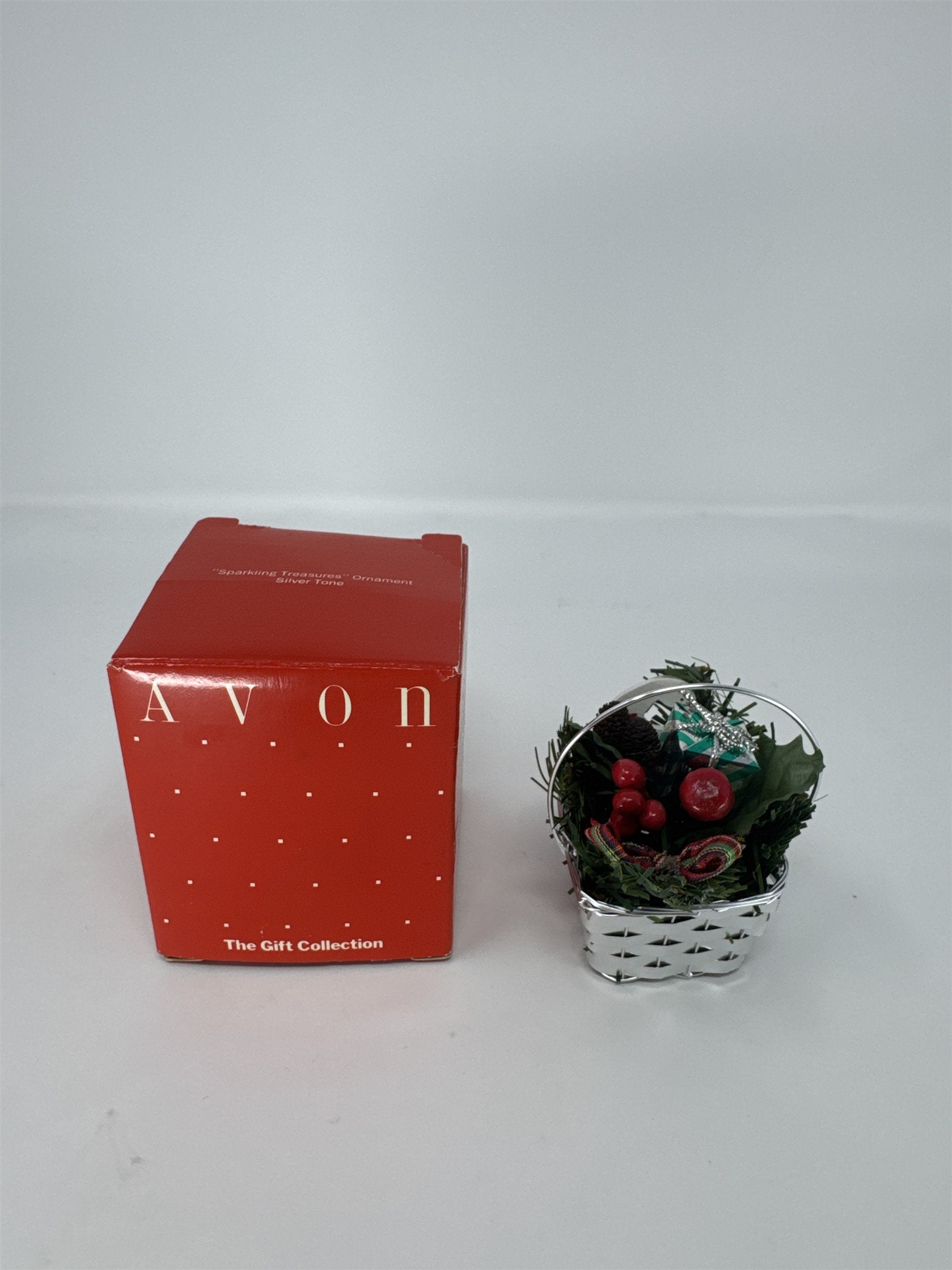 Vintage Avon Sparkling Treasures Ornament Silver Tone Basket Holiday Gift Boxed