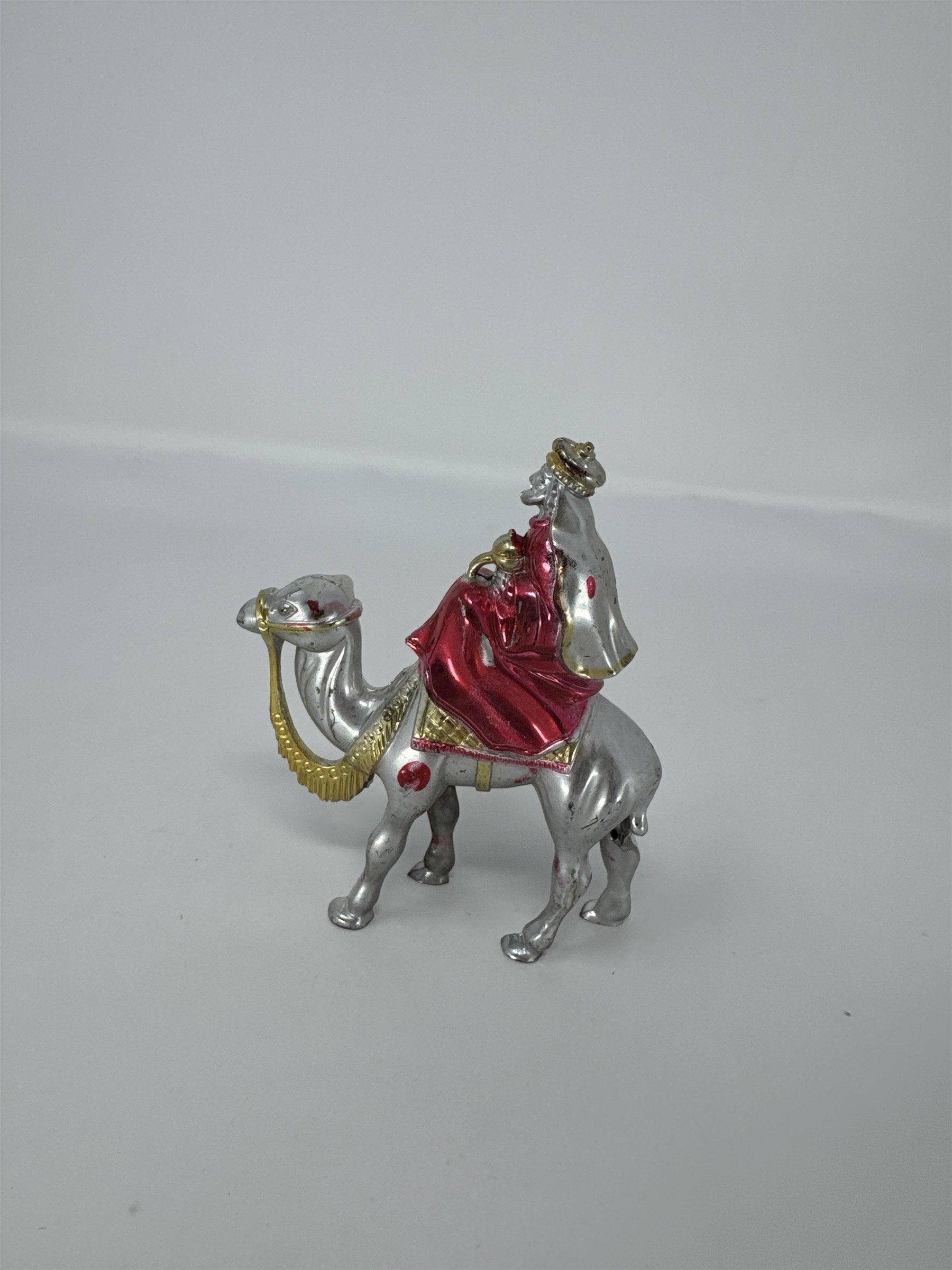Vintage Christmas Wiseman On Camel Nativity Figure Plastic Silver Red Kitsch