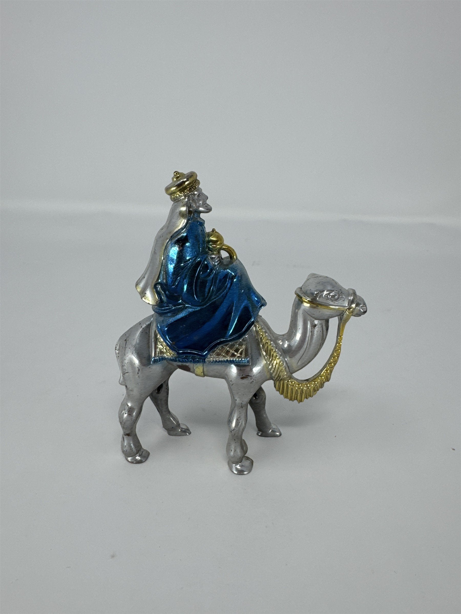 Vintage Christmas Wiseman On Camel Nativity Figure Plastic Silver Blue Kitsch