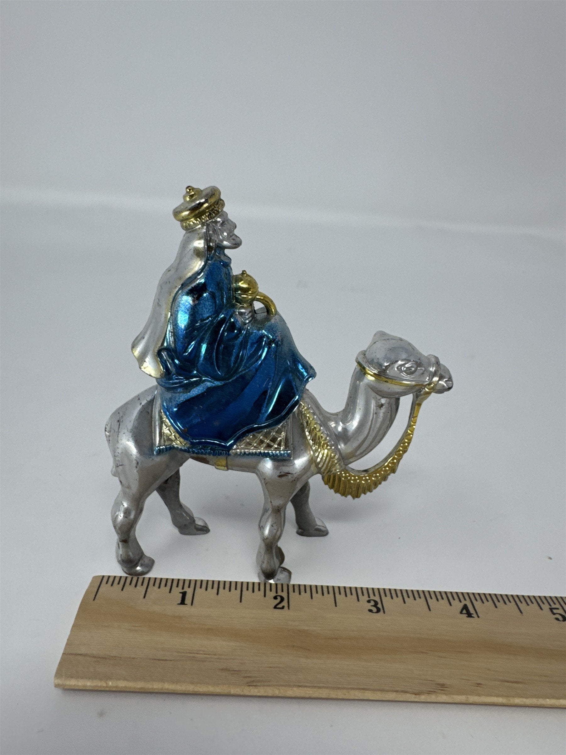Vintage Christmas Wiseman On Camel Nativity Figure Plastic Silver Blue Kitsch