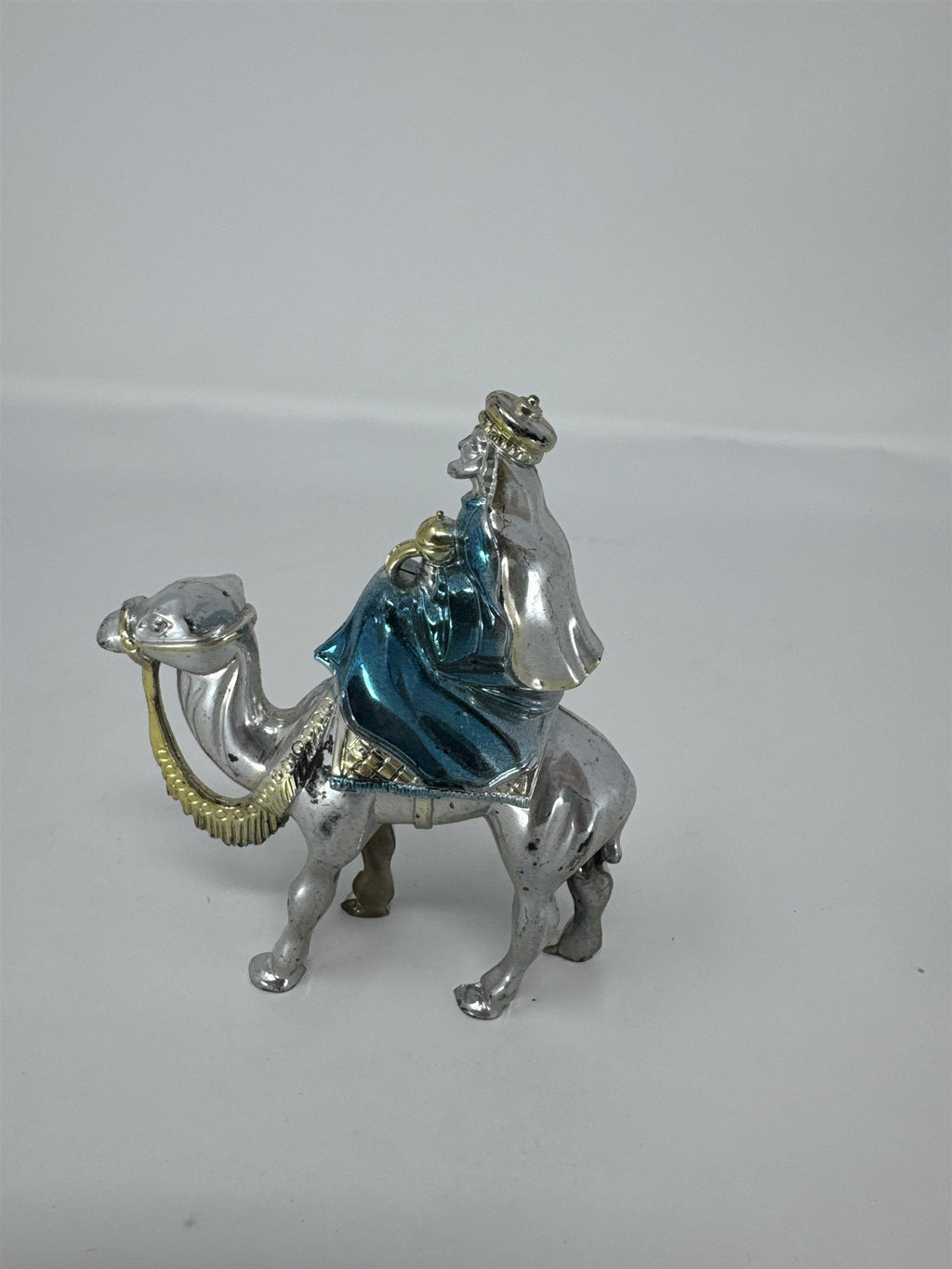 Vintage Christmas Wiseman On Camel Nativity Figure Plastic Silver Blue Kitsch