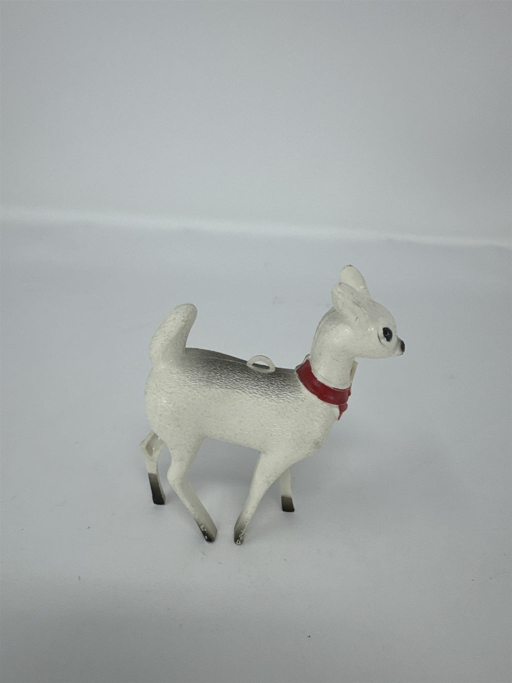 Vintage Christmas Reindeer Ornament Hard Plastic White Grey Red Bow Kitsch