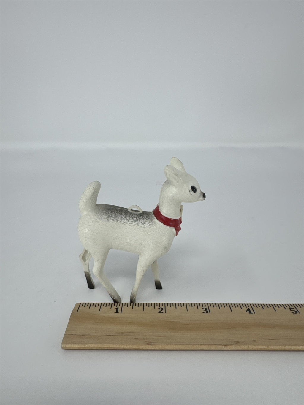 Vintage Christmas Reindeer Ornament Hard Plastic White Grey Red Bow Kitsch