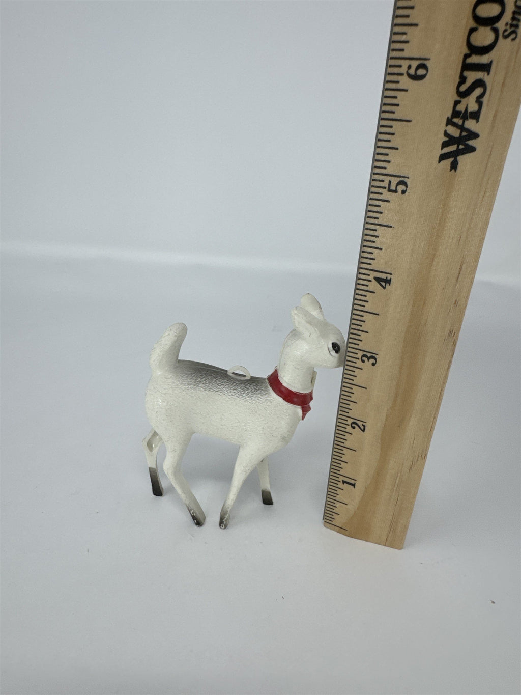Vintage Christmas Reindeer Ornament Hard Plastic White Grey Red Bow Kitsch