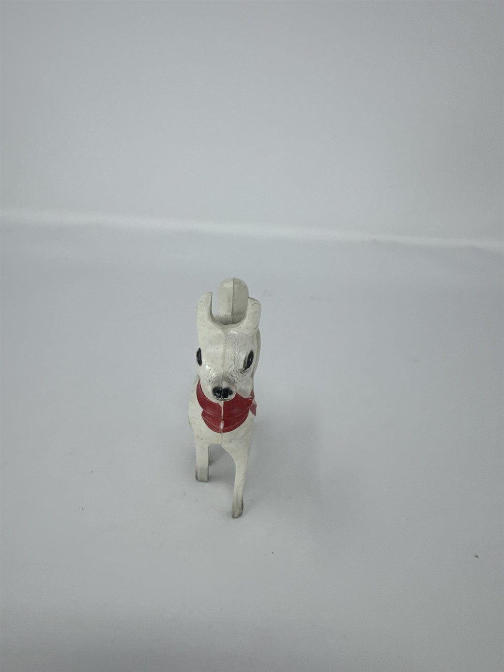 Vintage Christmas Reindeer Ornament Hard Plastic White Grey Red Bow Kitsch