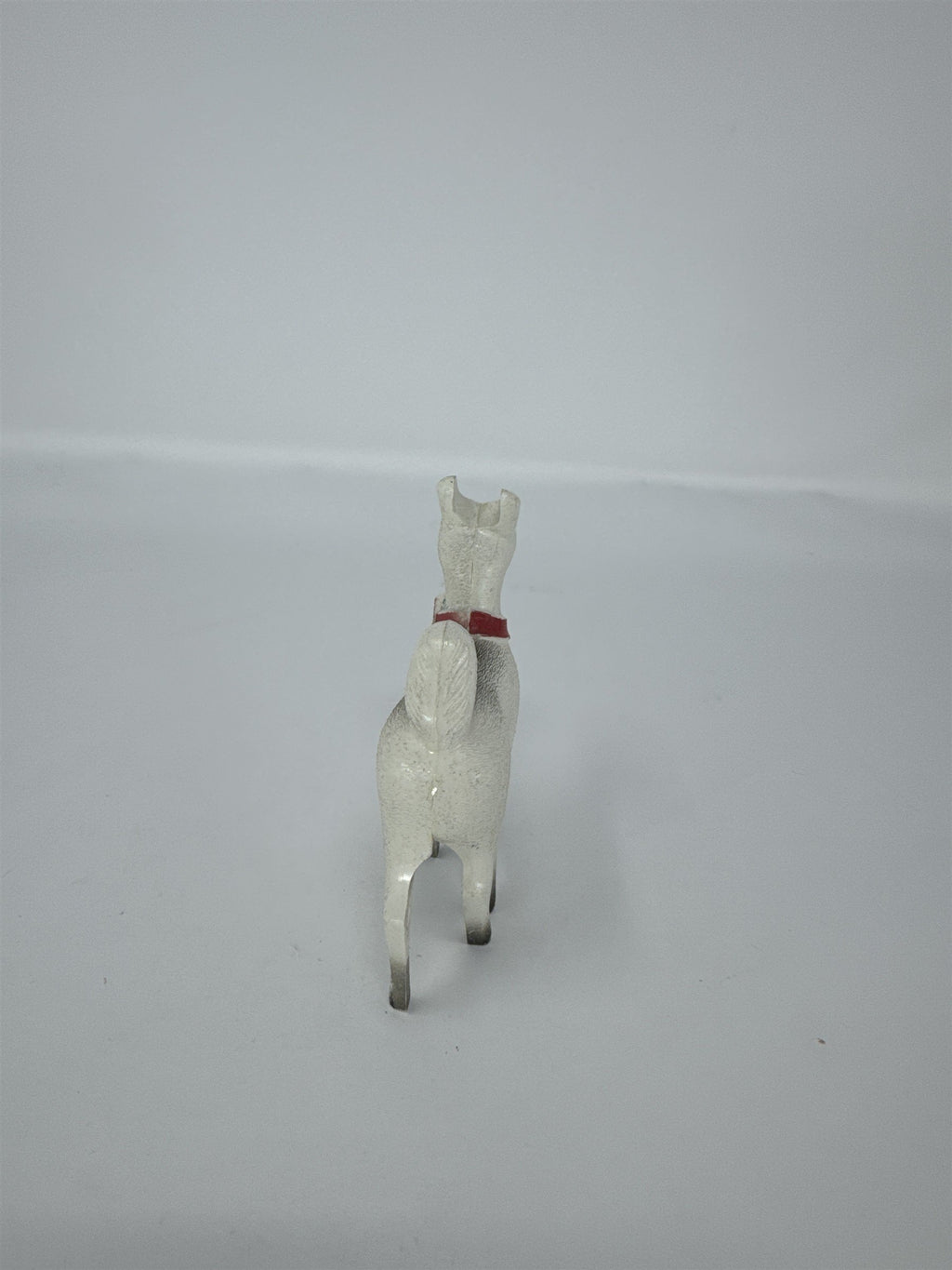 Vintage Christmas Reindeer Ornament Hard Plastic White Grey Red Bow Kitsch