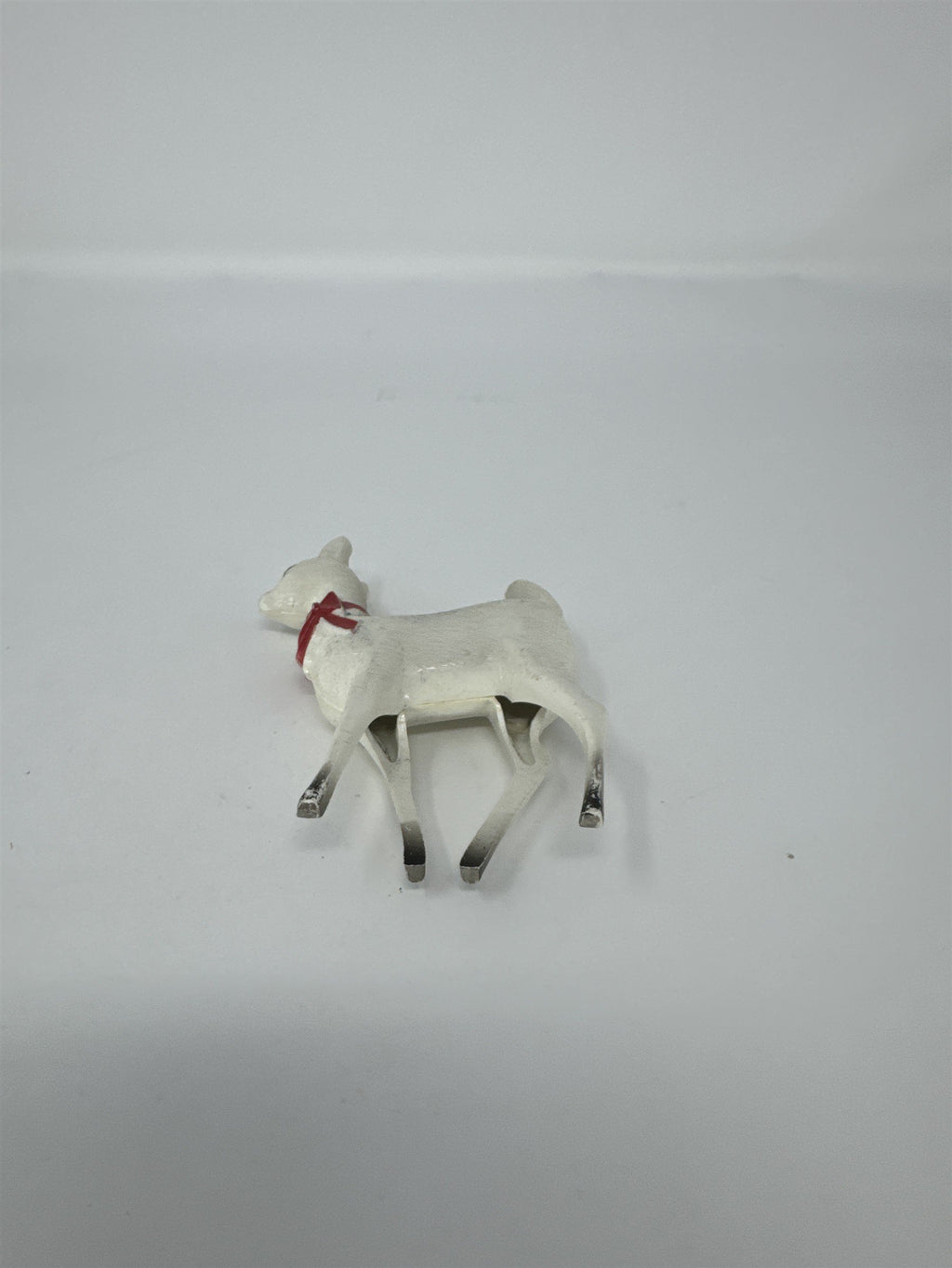 Vintage Christmas Reindeer Ornament Hard Plastic White Grey Red Bow Kitsch