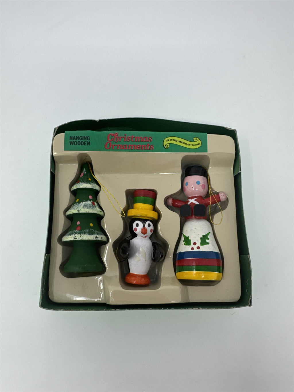 Vintage Wooden Christmas Ornaments Set of 3 Tree Penguin Doll Hand Painted Kitsc
